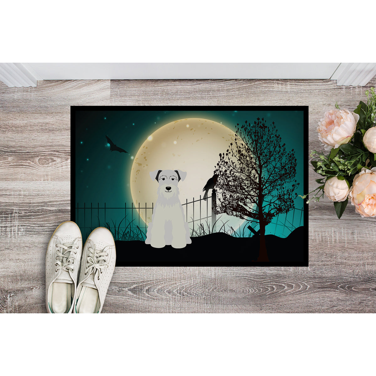 Carolines Treasures Halloween Scary Miniature Schanuzer White Door Mat Indoor Rug or Outdoor Welcome Mat 18x27 Doormat