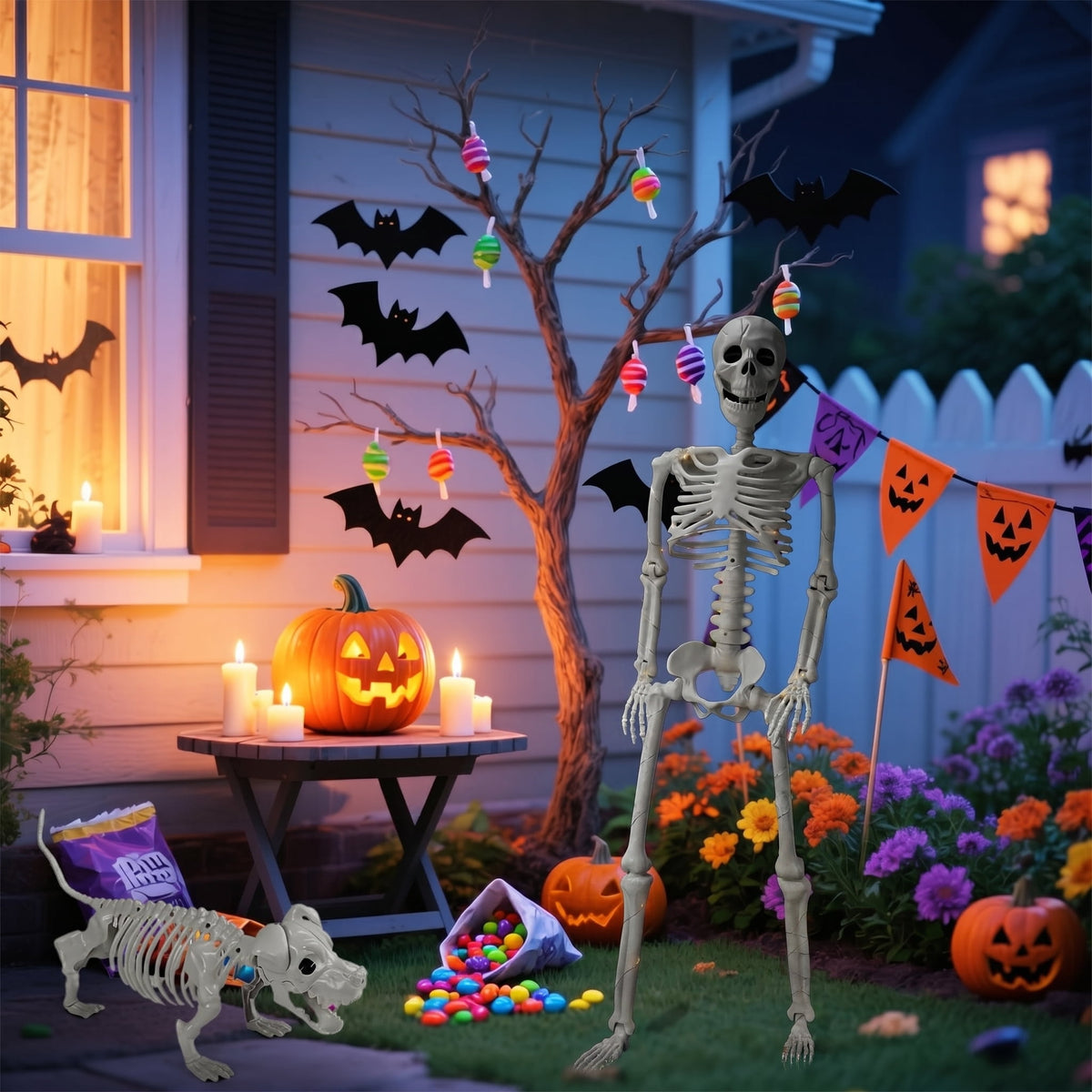 TETOU 2Pcs Halloween Human Cat Skeletons,35.4 Inch Realistic Full Body Movable Posable Skeleton for Halloween Garden Yard Porch Party Haunted Graveyard Indoor Outdoor Decororation
