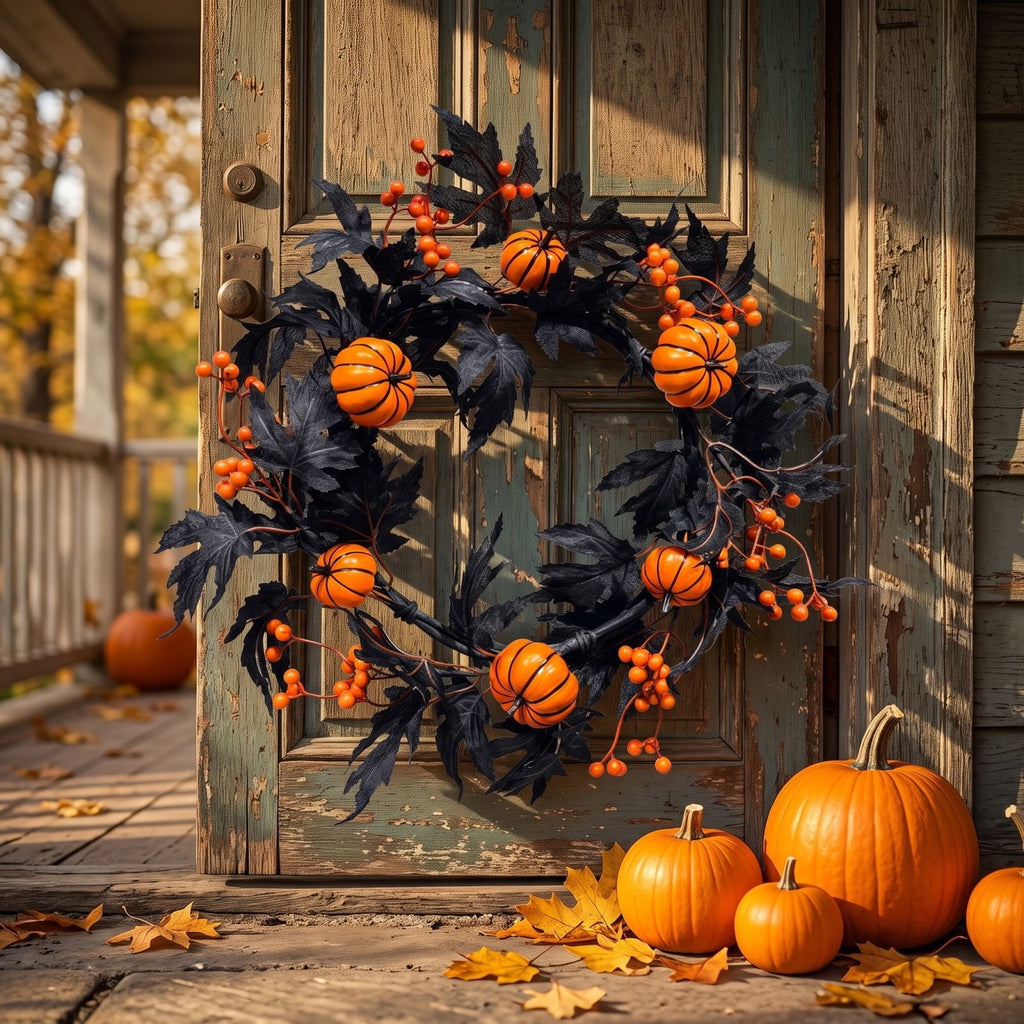 Gcvizuso Halloween Crescent Floral Wreath, Orange Red Rose Hydrangea Fall Front Door Decor for Autumn Harvest Celebration