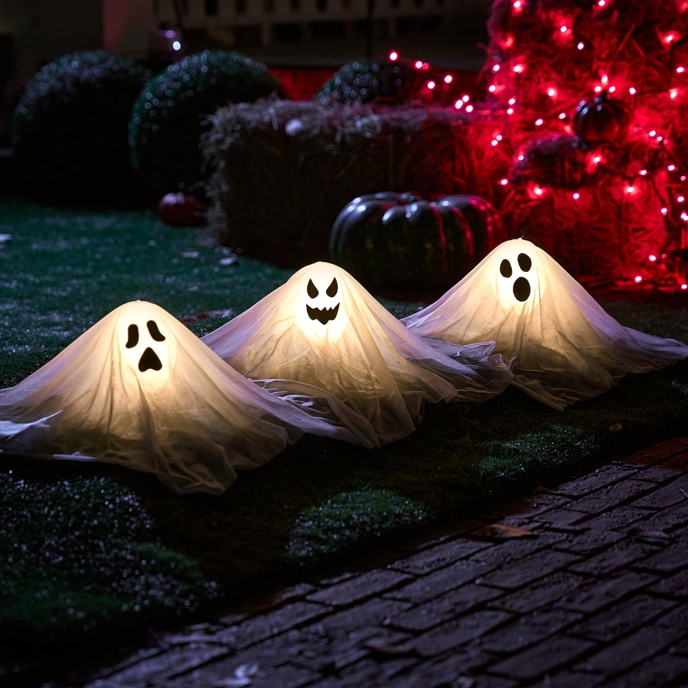 Joyfy 3 Packs Halloween Ghost Decorations Outdoor, Light Up Flying Ghost Pathway Lights， Battery Operated Watereproof Ghost Deocr with 3 Stakes, Halloween Yard Front Porch Haunted House Decorations