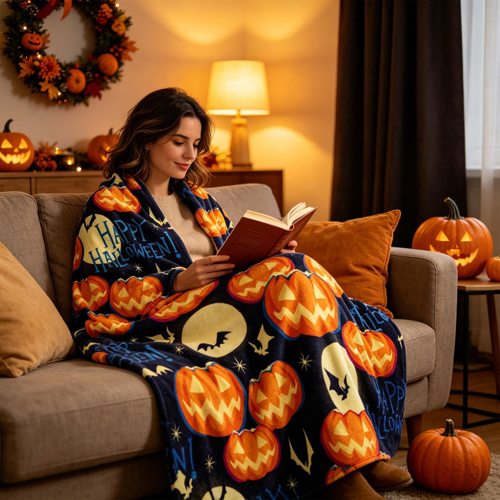 Halloween blanket,Halloween Print Throw Blanket Flannel Soft Cozy Decorative Nap Blanket with Ghost Pumpkin Skull for Office Bedroom Sofa Camping Travel(100x150cm/39x59 Inch),Black