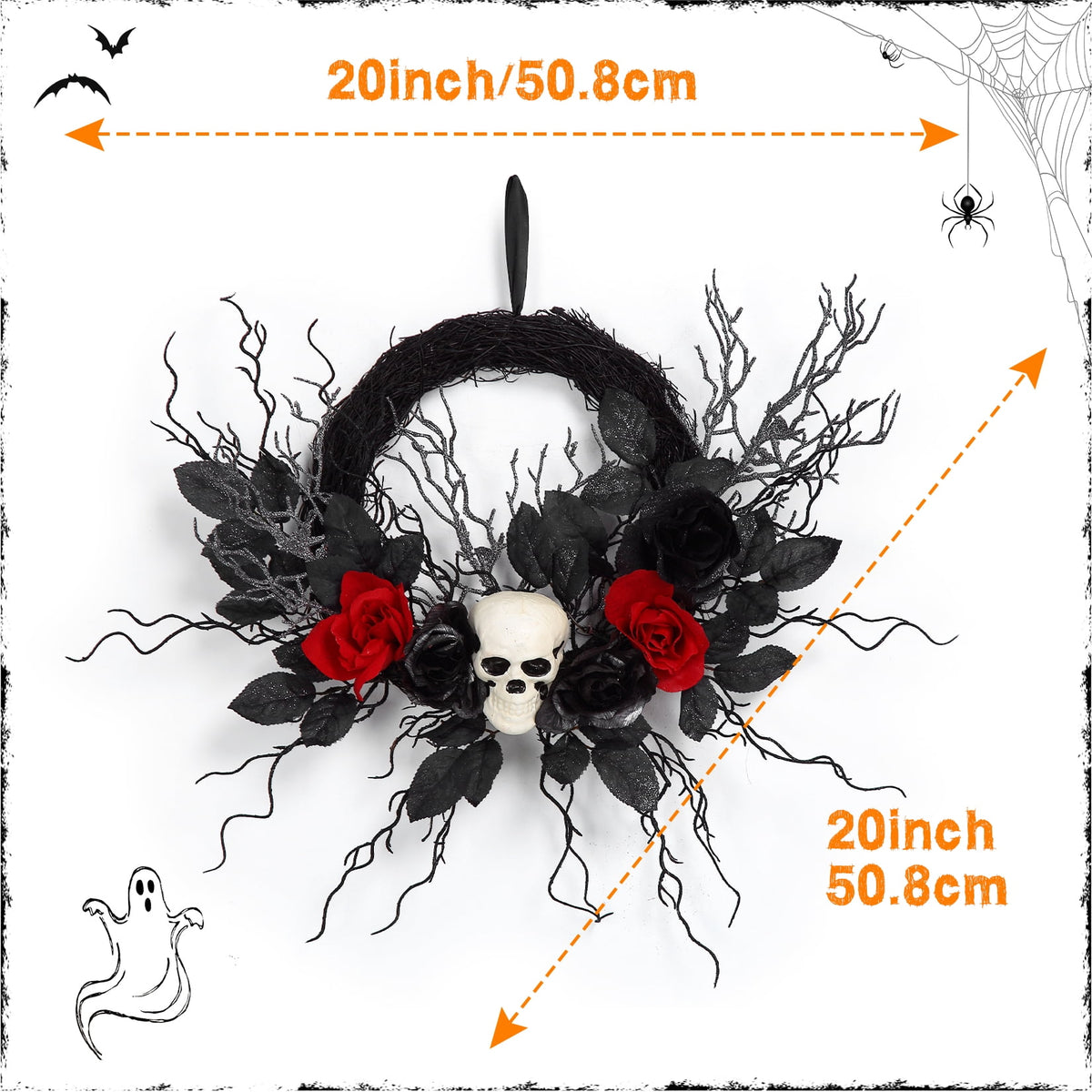 Adeeing Halloween Wreath 20 Inch Artificial Halloween Skull Wreath Decoration with Roses, Branches for Front Door Home Door Wall