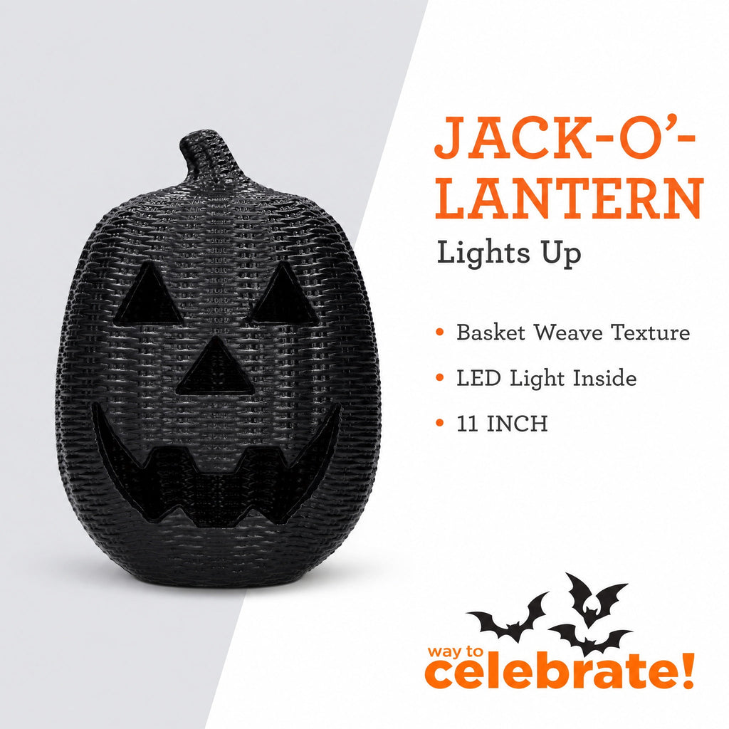 Light-Up Woven Jack-o'-Lantern Decoration, Black, 12", Halloween by Way To Celebrate