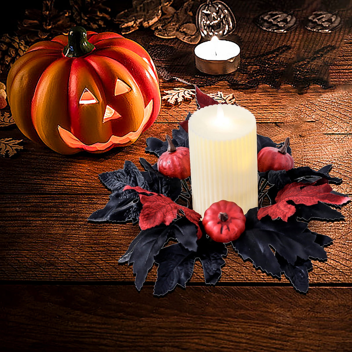 Fall Candle Rings Wreaths 3 Inch Center, Artificial Pumpkin Maple Leaf Candle Rings for Pillars Candles Centerpieces Halloween Thanksgiving Harvest Festival Home Table Decor