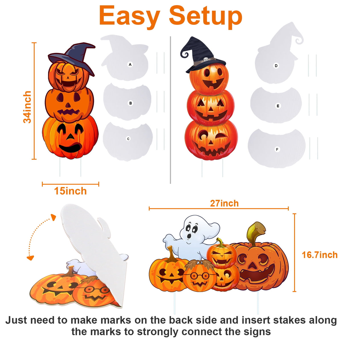 GameXcel Halloween Decorations Outdoor Yard Signs with Stakes, 34.8 in Tall Vertical Pumpkin and Ghost Decor, Weather-Resistant, 2 Count