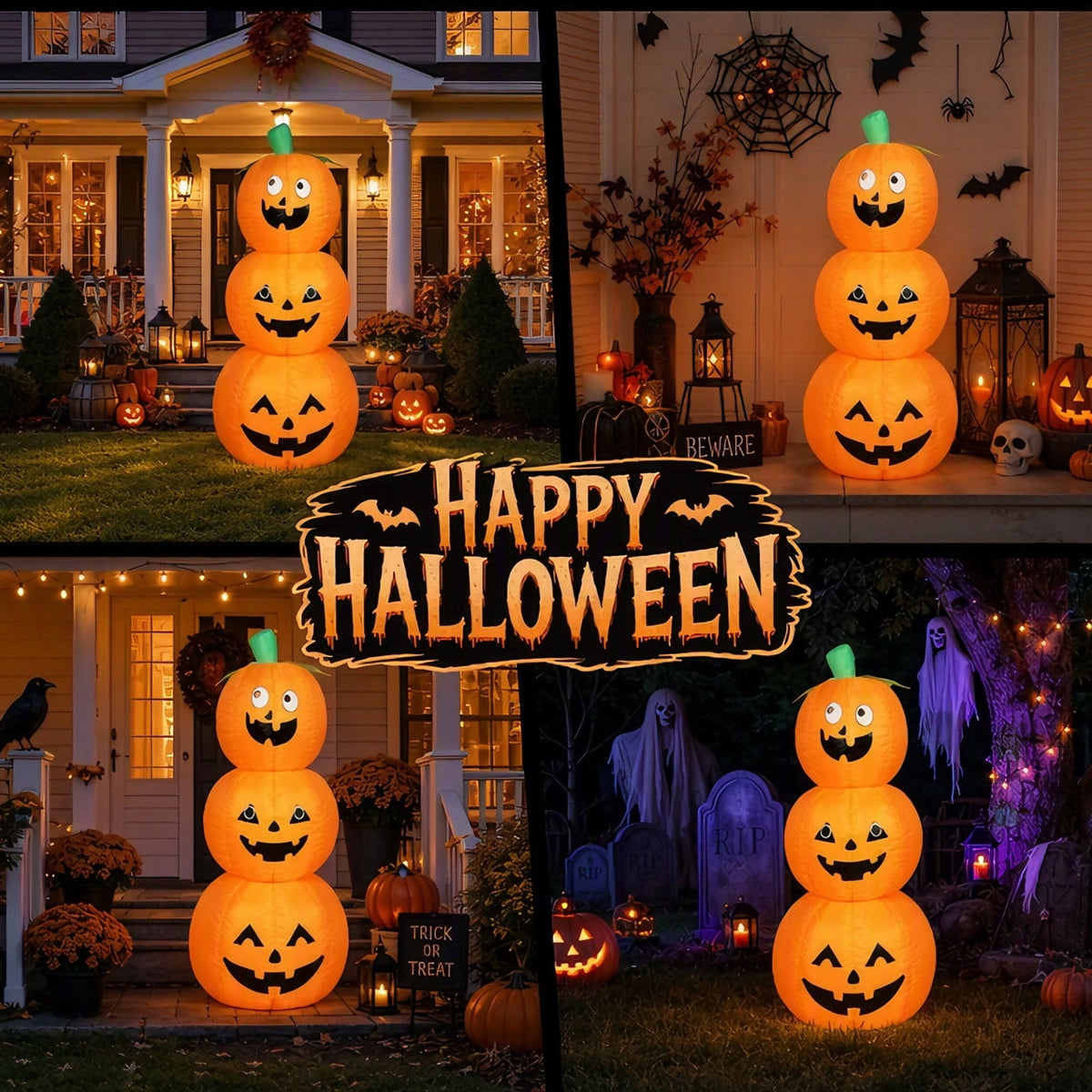 Halloween Inflatables Outdoor, 8FT Long Cute & Lighted Blow Up Decoration Pumpkin Family with Witch Hat, Large Halloween Inflatables Decorations with Lights for Yard, Holiday, Home