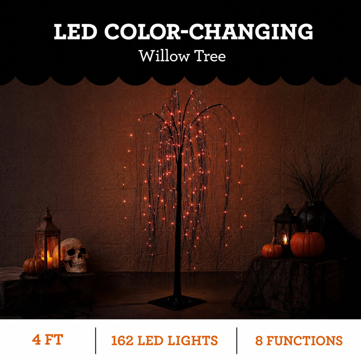 Indoor/Outdoor Battery-Operated 8-Function LED Color-Changing Willow Tree, Orange and Purple, 48", Halloween by Way To Celebrate