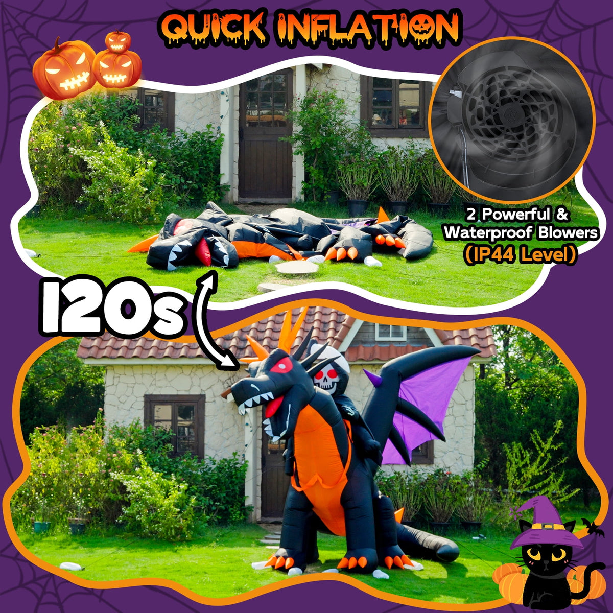 BSHAPPLUS® 9ft Halloween Inflatable Decorations,Blow up Yard Decor with Auto-Scaling Ghost in Pumpkin, Witch, Tombstone,Black Cat,Built-in LED,IP44 Waterproof for Outdoor Lawn Garden Party