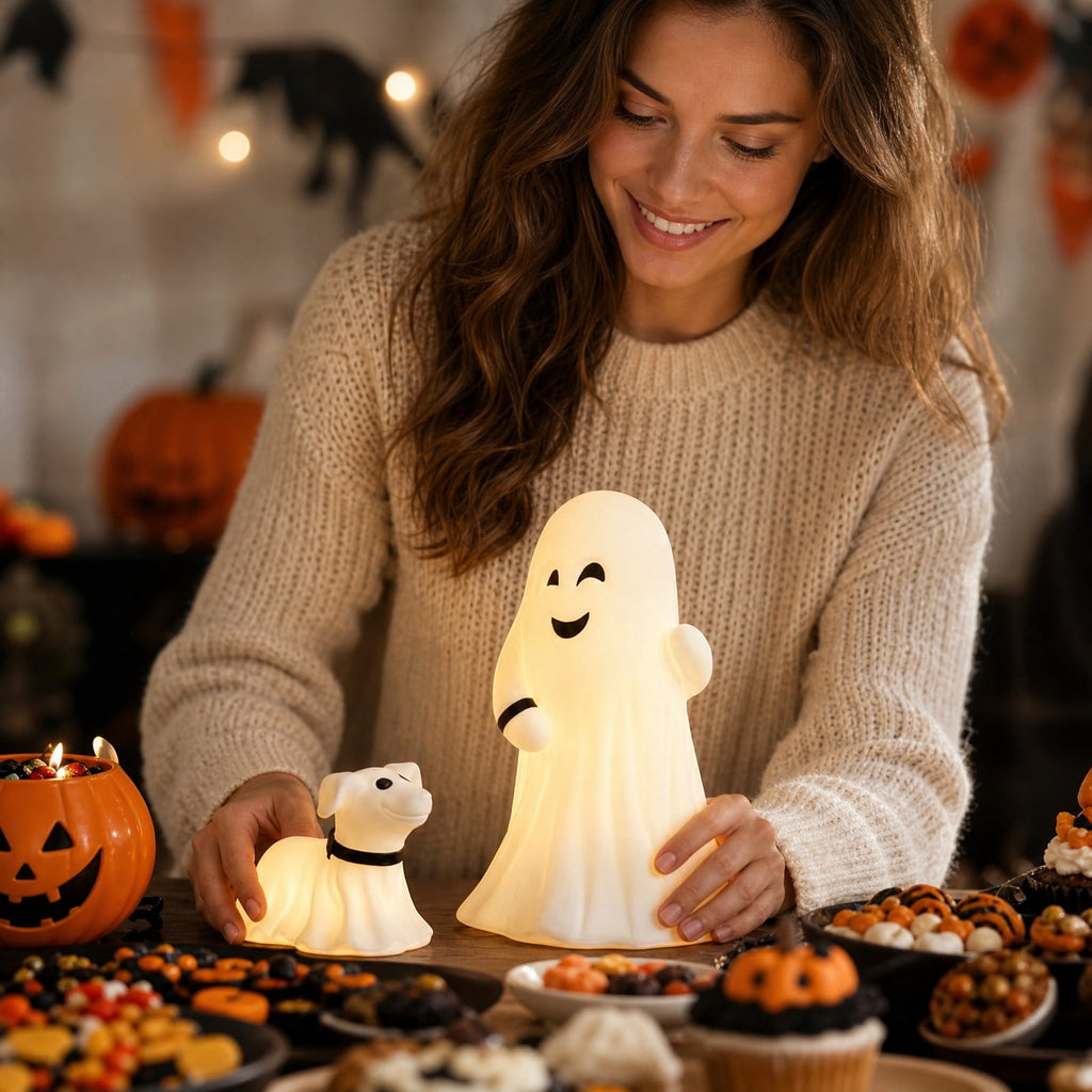 Halloween Ghost Night Light, Cute Ghost Playing The Guitar Lamp, Ghost Warm Lighted Figurine Lamps for Party Bedroom Study Room Home Dorm, Halloween Decor Indoor