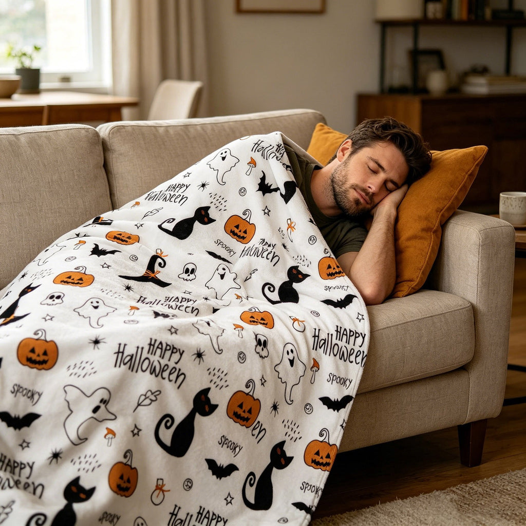 Halloween blanket,Halloween Print Throw Blanket Flannel Soft Cozy Decorative Nap Blanket with Ghost Pumpkin Skull for Office Bedroom Sofa Camping Travel(100x150cm/39x59 Inch),Black