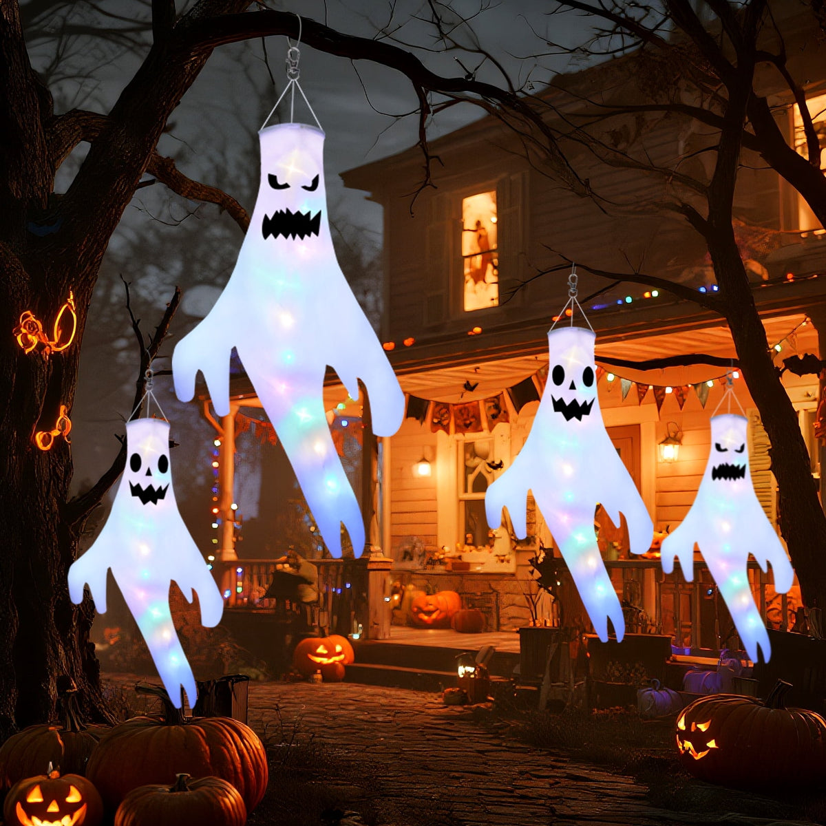 Qoosea 2 pack Hanging Ghosts Halloween Decor 4.26ft Large Glowing LED Ghost Lights Windsock Halloween Decorations Outdoor Indoor, 3 Lighting Modes