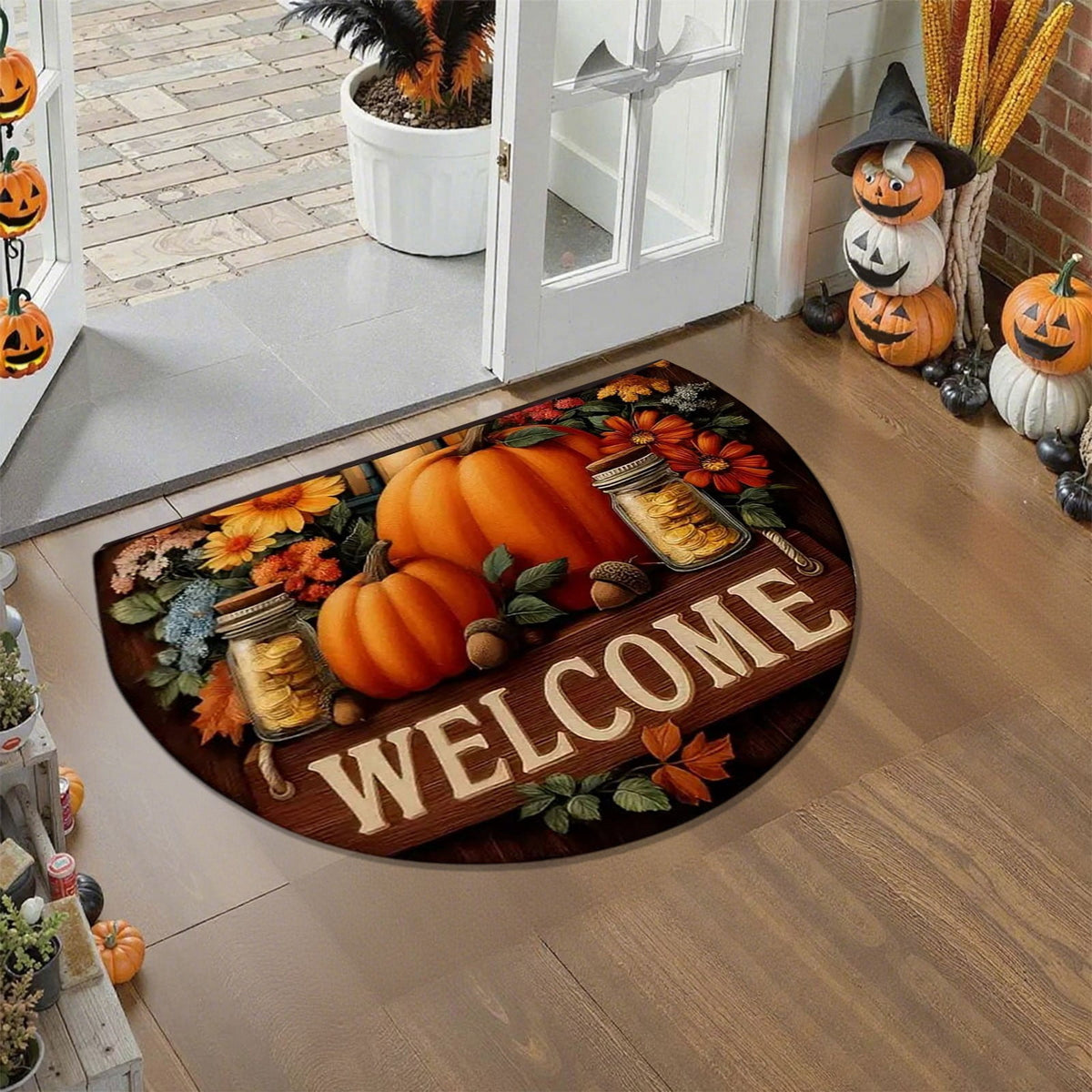 JoyMoreHome Fall Welcome Doormat, Fall Leaves Front Door Mat, Indoor Outdoor Entrance Floor Mats, Non-Slip Washable Thanksgiving Halloween Home Decor Mat