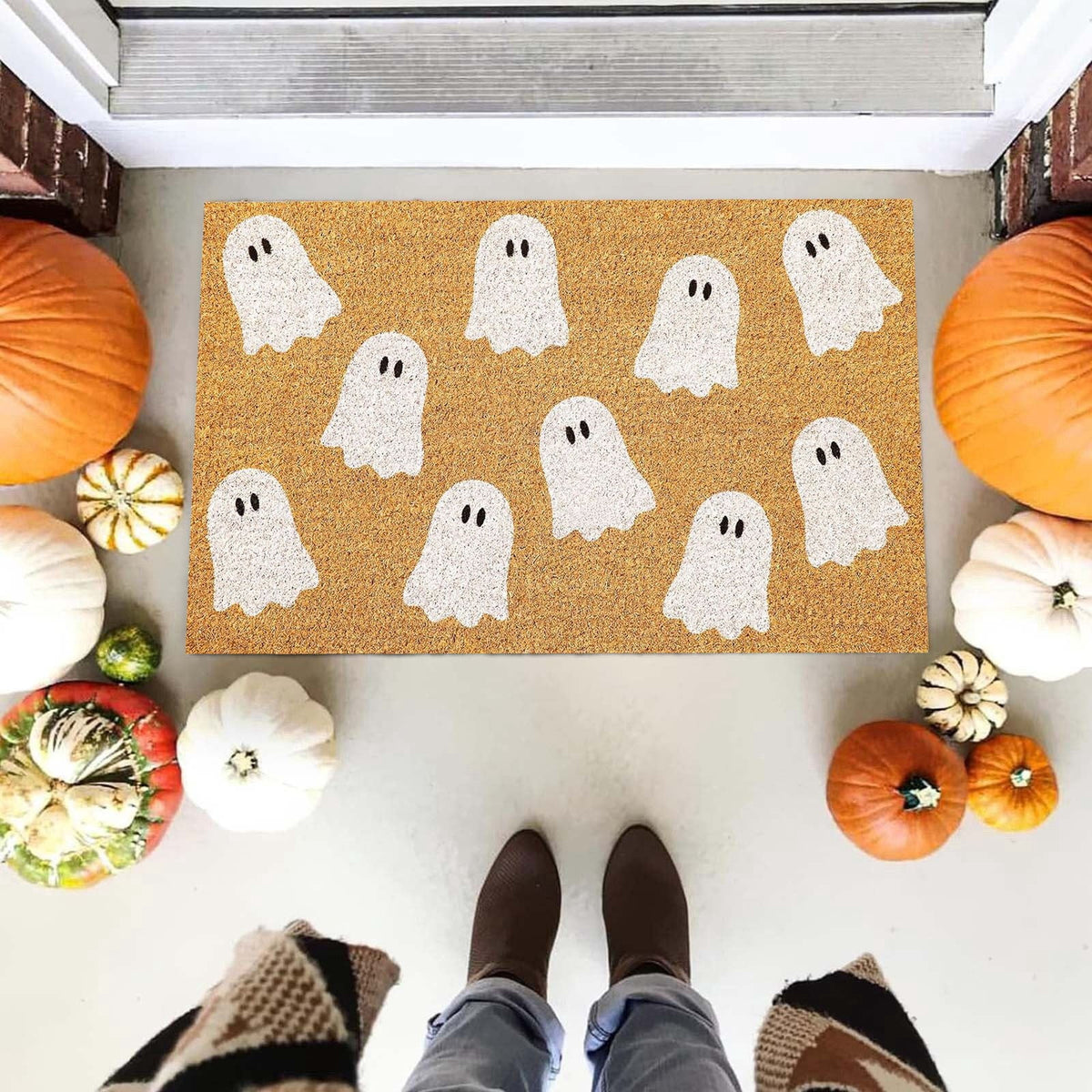 Halloween Ghost Coir Doormat, 17x30 Inch Outdoor Front Door Mat with Cute Ghost Design, Non Backing for Porch Entryway, Fall Welcome Floor Mat for Home Entrance (Coffee)