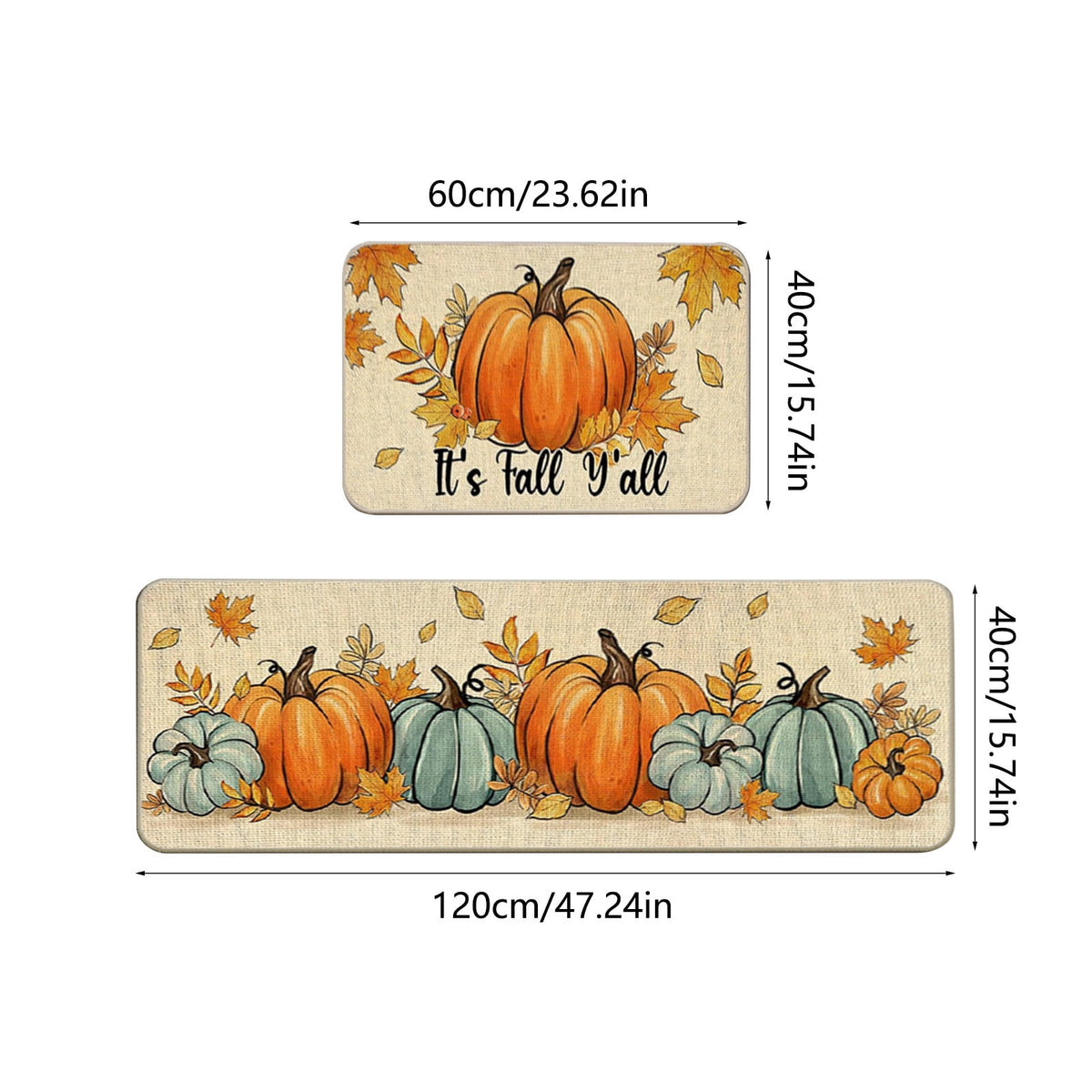 Decorative Kitchen Floor Mats Set of Two, Fall Theme Pumpkin Turkey Pattern Kitchen Rugs and Mats for Outdoor Indoor Kitchen Decor Halloween Thanksgiving Non-Slip Doormat