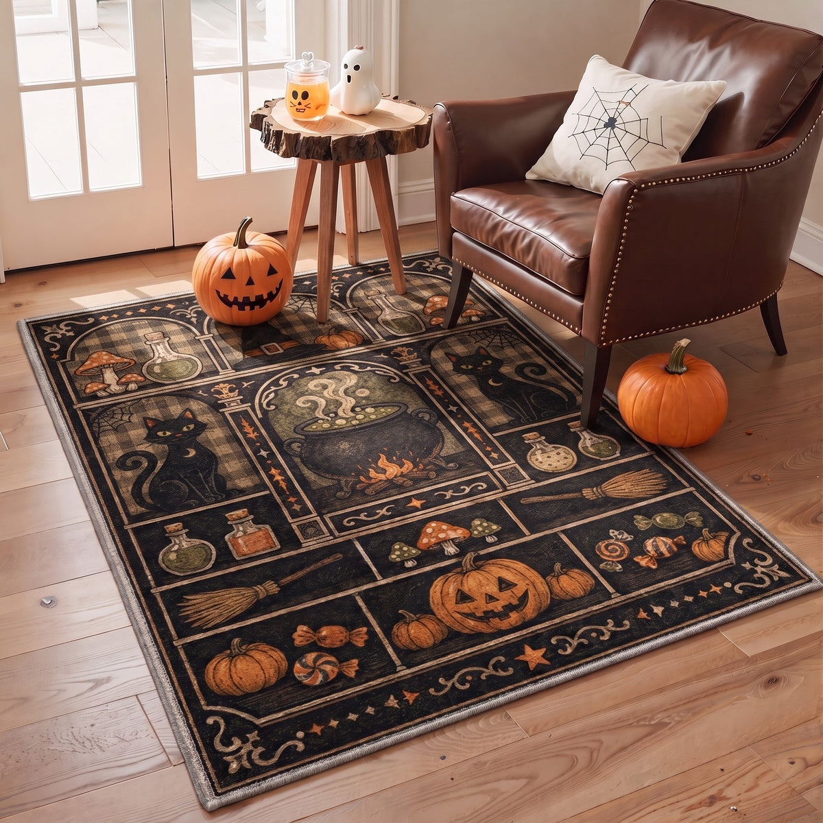 GENIMO 5'x7' Halloween Area Rug for Living Room, Washable Non Slip Soft Vintage Pumpkin Indoor Rug for Bedroom Dining Room Home Office, Antique Moss
