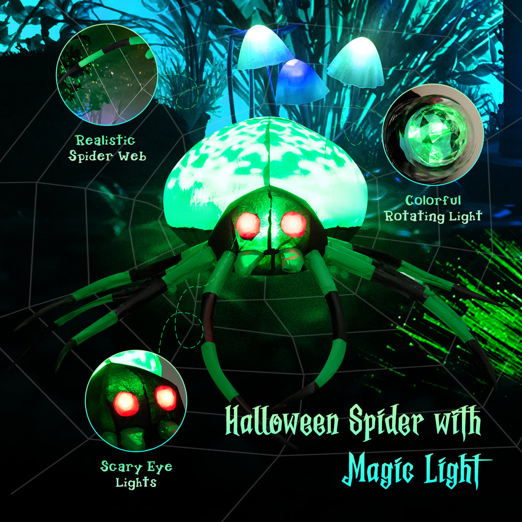 Patiojoy Halloween Inflatable Spider with Cobweb Creepy Blow-up Spider with LED Rotating LED Light Green Black Legs Waterproof Halloween Decoration