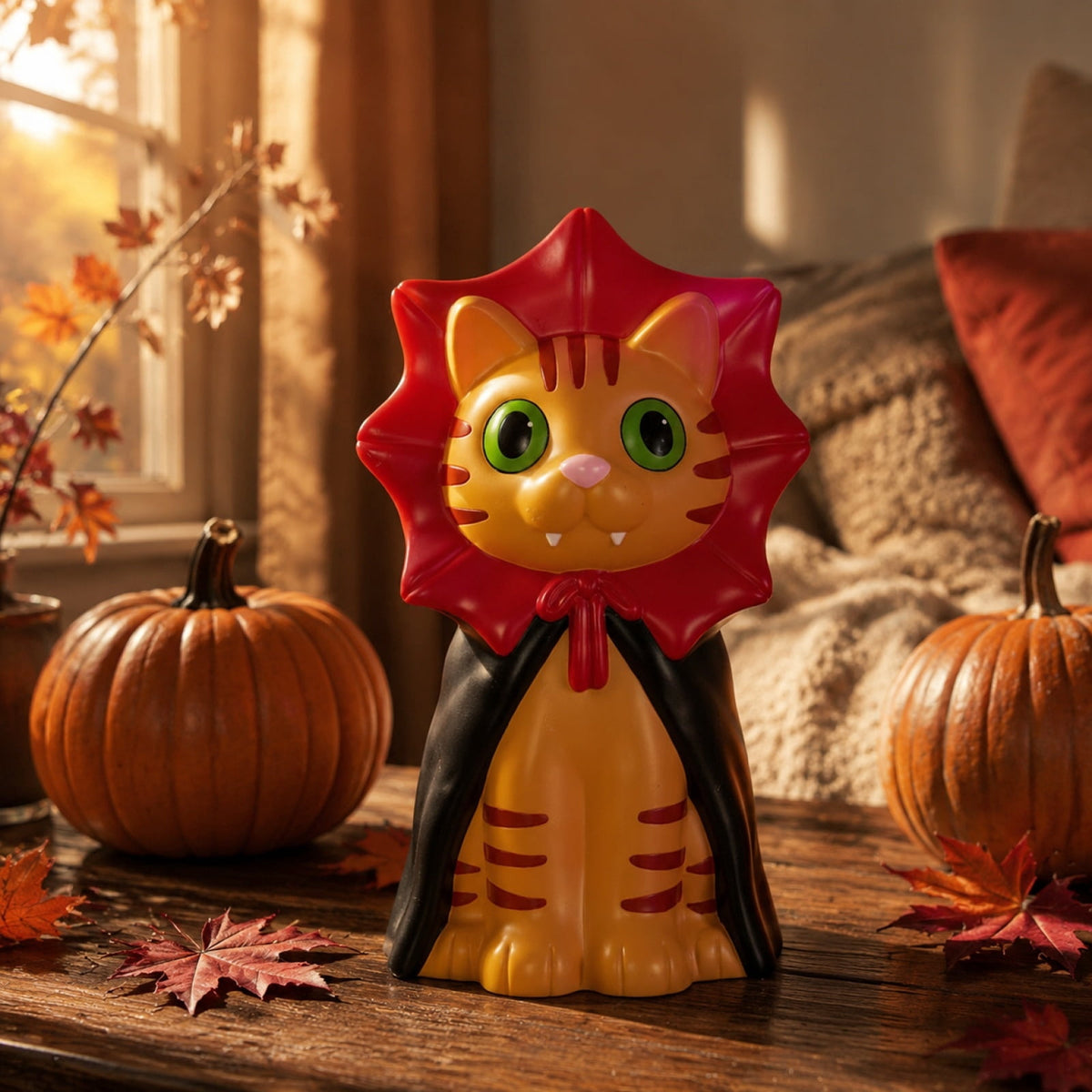 QLUEWX Halloween Tabletop Night Light Decor, Vampire Cat Blow Mold Light Up Orange Figurine, Dracula Cloak Glowing Cat Lamp Mantel Bedroom Indoor Farmhouse Party Holiday Gift Ornament