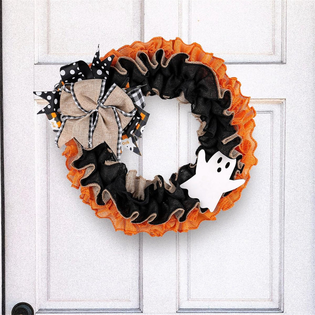 Halloween Boo Ghost Wreath, Burlap Wreath with Bows for Front Door, Farmhouse Favors Trick of Treat Propse for Window Wall Decor