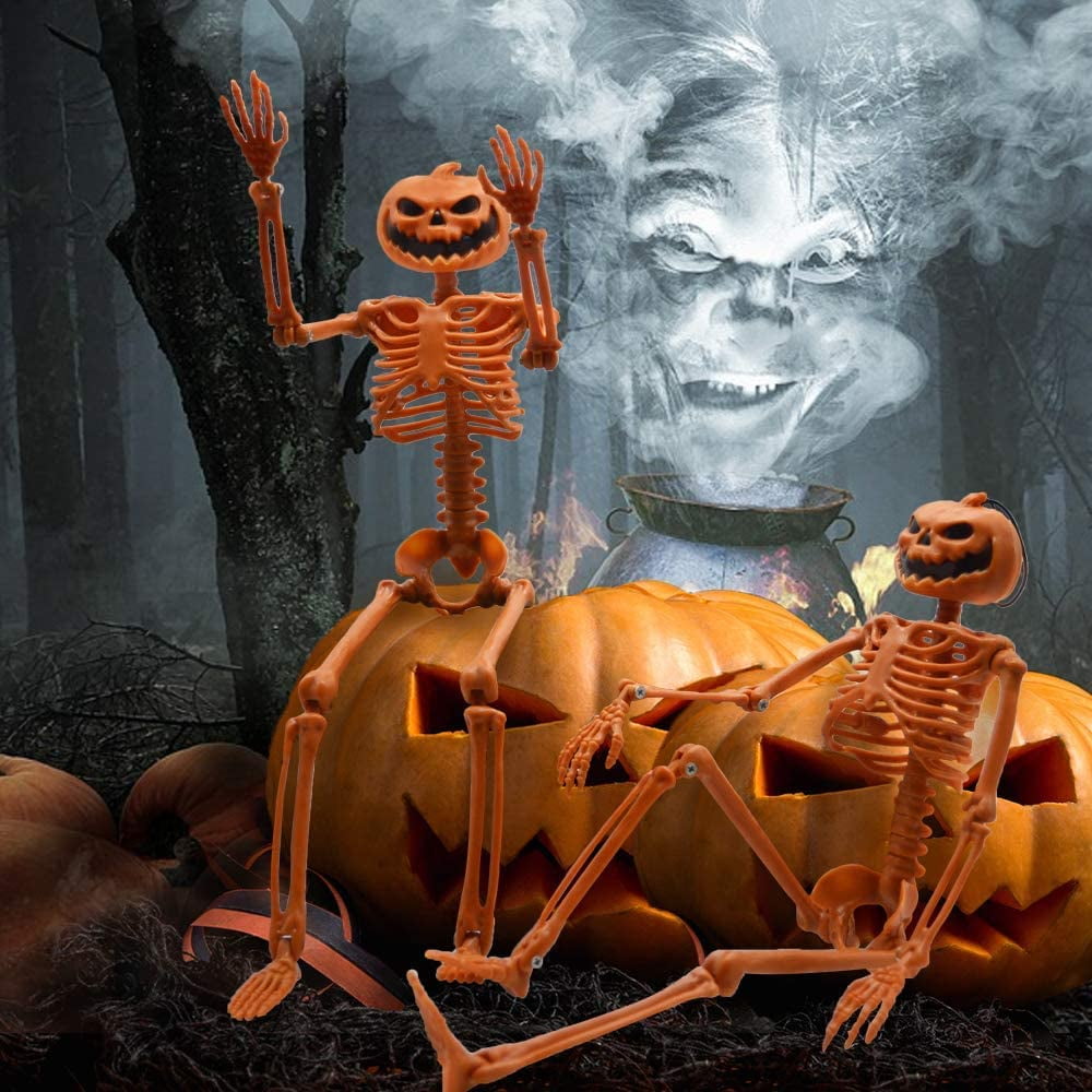 2 Packs Halloween Pumpkin Skeleton Decorations with Posable Joints Skeletons for Halloween Party Front Door Haunted House Props Decorations