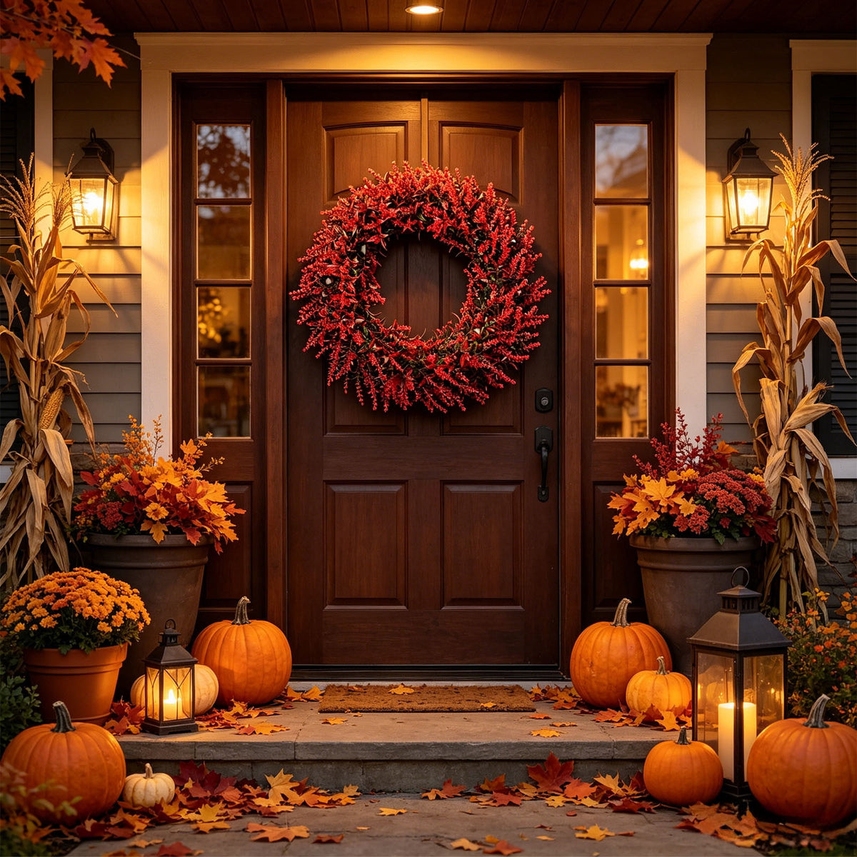 Vibrant Red Wheat Wreath for Front Door - Stunning Autumn Decor for Halloween and Thanksgiving - Perfect for Seasonal Home Decoration, Parties, and Gifts for Fall Enthusiasts