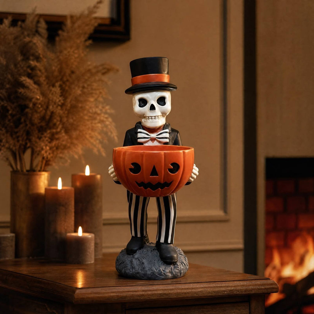 Halloween Decoration Ghost Figurine 11in Resin Ghost Statues with Pumpkin Candy Bowl for Outdoor Indoor Front Door, Porch Yard Lawn Party Decor