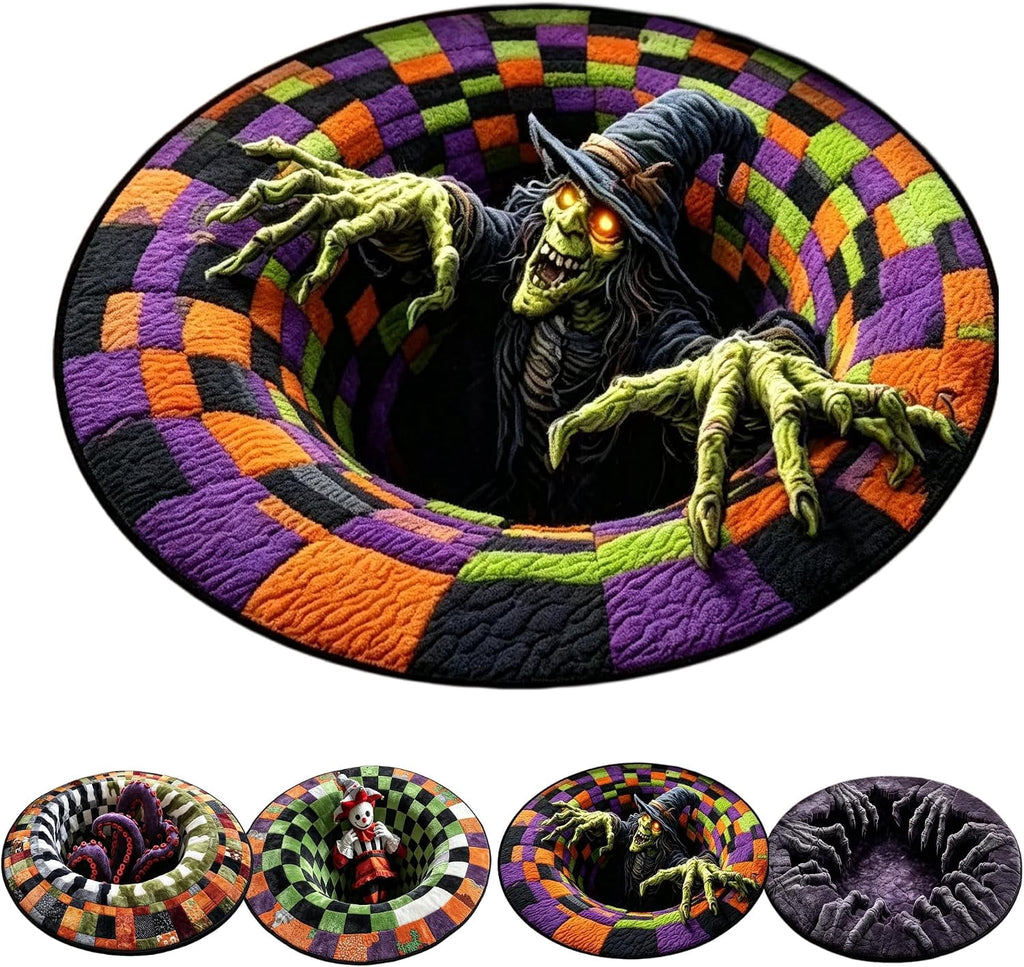 3D Halloween Rug, skeleton vortex quilted round Mat (#B,140 cm / 55.1 in) | 3D Candy Corn Abyss Quilted Round Mat with Spooky Depth Design Crystal Velvet Soft & Durable Fabric Non-slip