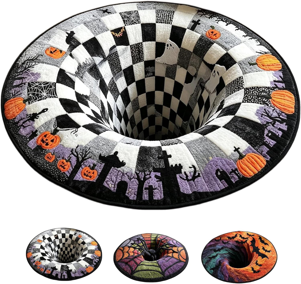3D Halloween Rug, skeleton vortex quilted round Mat (#B,140 cm / 55.1 in) | 3D Candy Corn Abyss Quilted Round Mat with Spooky Depth Design Crystal Velvet Soft & Durable Fabric Non-slip