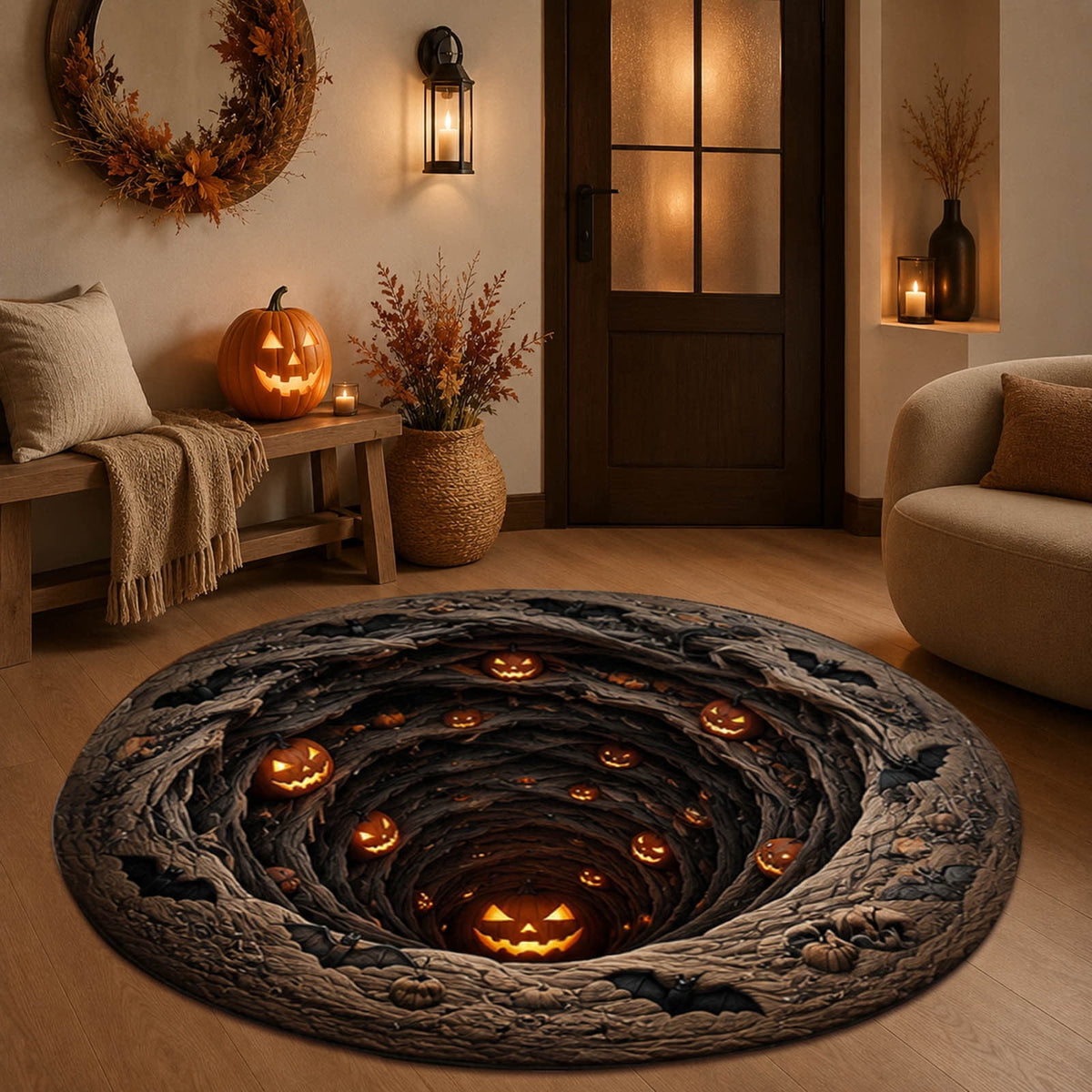 3D Illusion Halloween Round Rug, Non Printed Optical Vortex Doormat, Spooky Circular Floor Mat for Indoor Entryway Home Party Decor 60x60cm