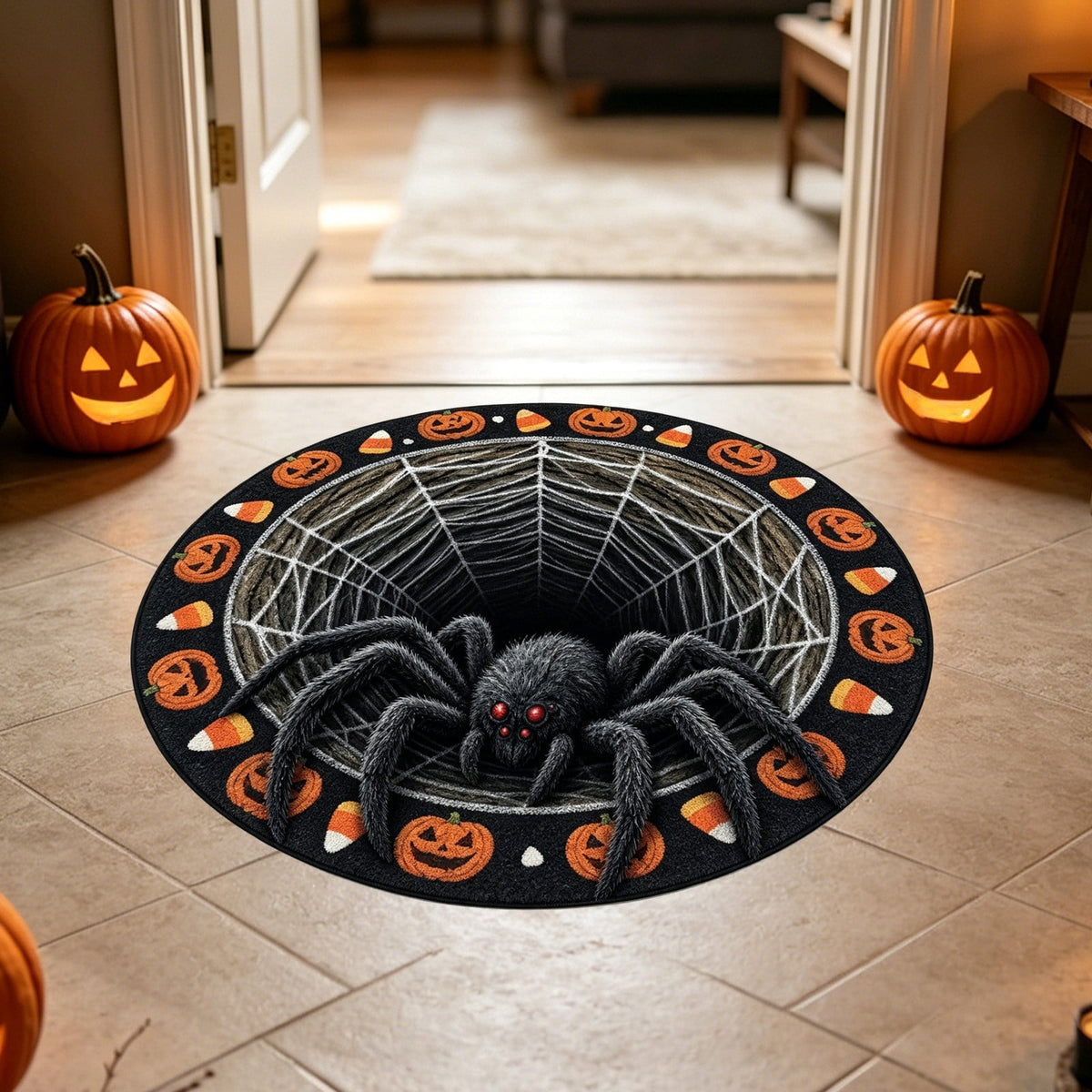 3D Optical Illusion Halloween Round Doormat,Vortex Tunnel Optical Illusion Printing Design,Giant Furry Red-Eyed Black Spider and White Spider Web,24"