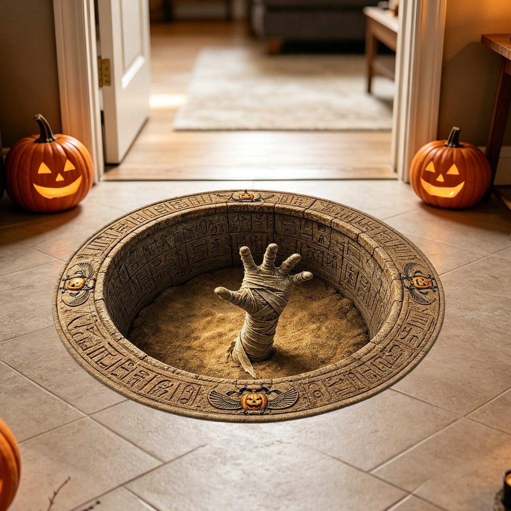 3D Optical Illusion Halloween Round Doormat,Vortex Tunnel Optical Illusion Printing Design,Giant Furry Red-Eyed Black Spider and White Spider Web,24"