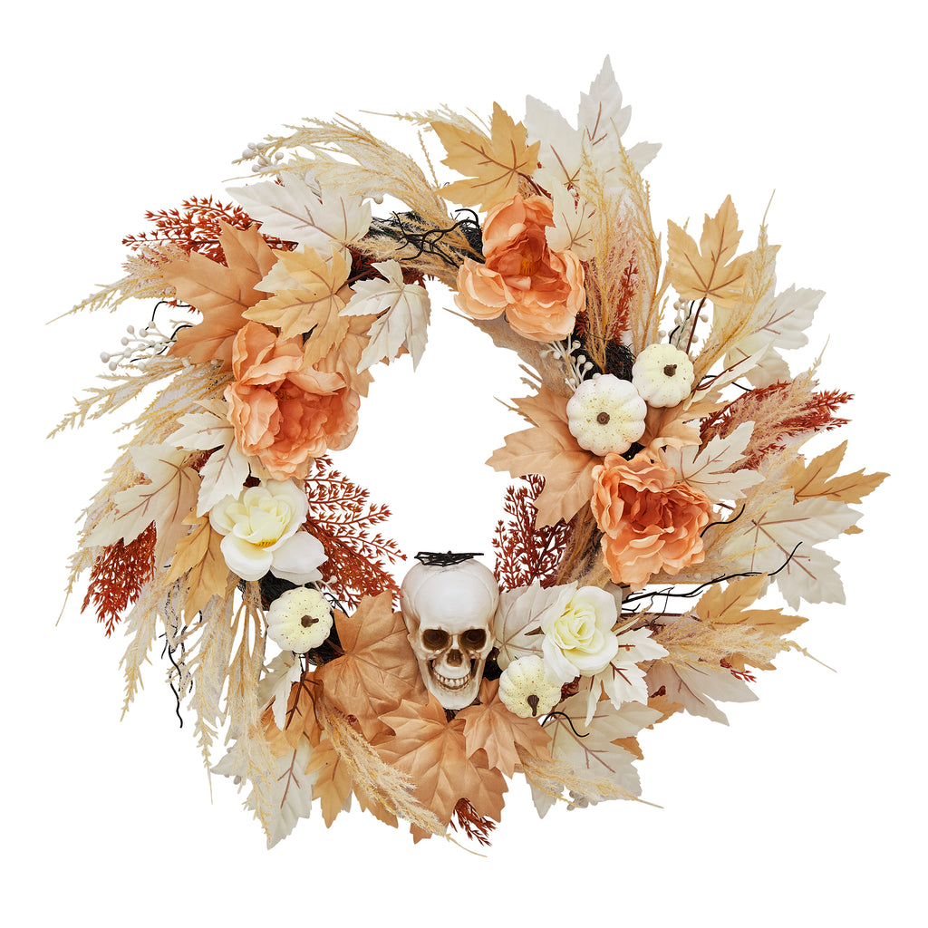 24 in Halloween Wreaths for Front Door.Fall Pumpkin Maple Leaves Wreath with Spooky Skeleton.Fall Halloween Door Decor. Outdoor Wreath for Porch Wall Window Decorations