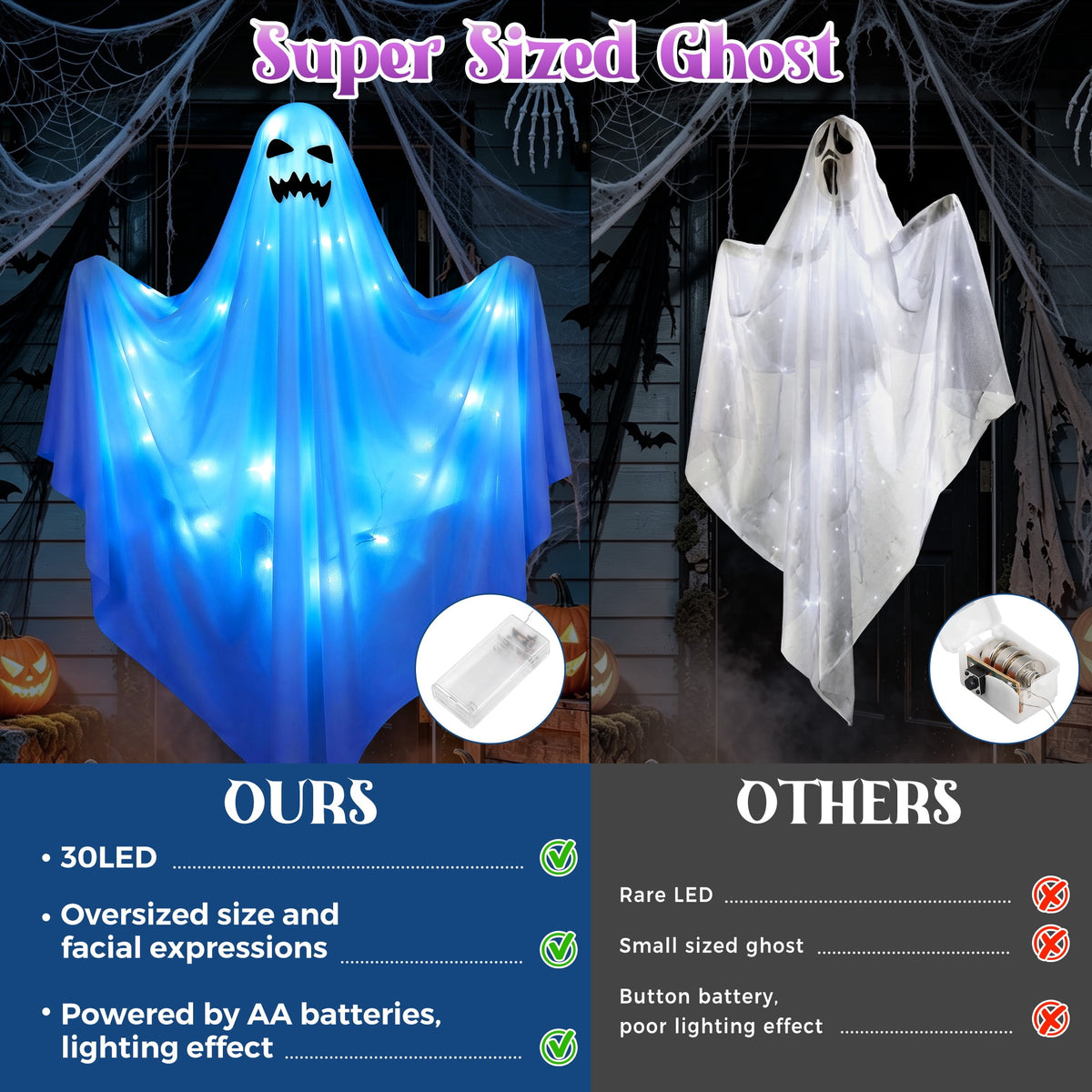 Scidweet Halloween Ghost Decor, 2 Pack 48" Light up Hanging Halloween Ghosts Blue LED Light Yard Garden Porch Outdoor Decorations