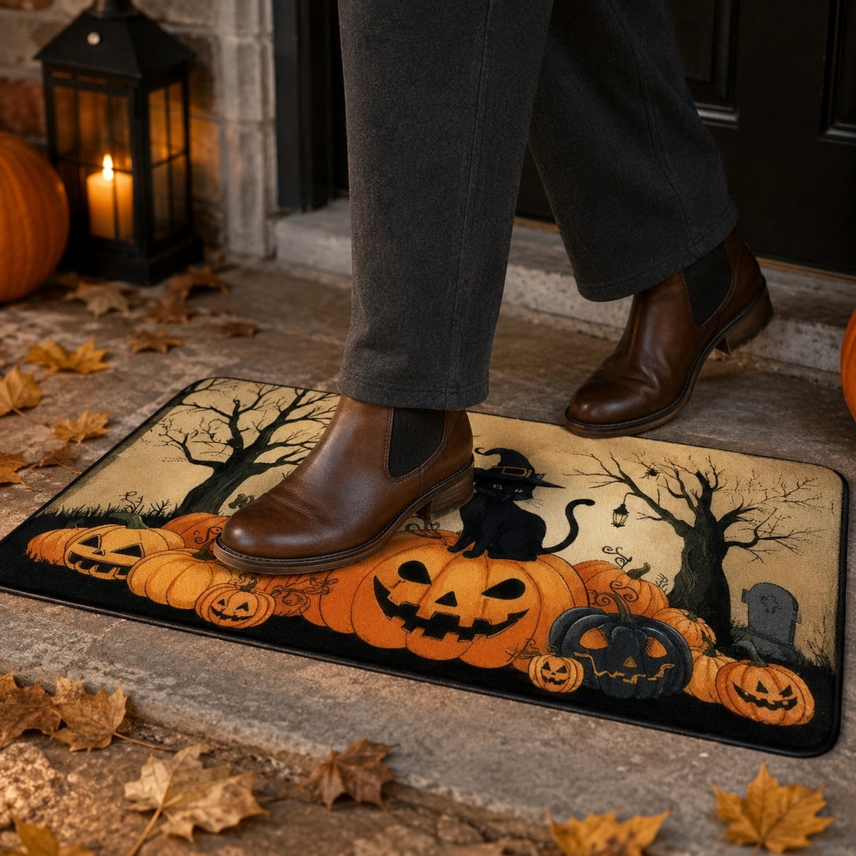 Halloween Dog Door Mat 16x24", Golden Retriever Ghost Pumpkin Welcome Rug for Porch, Halloween Outdoor Decorations