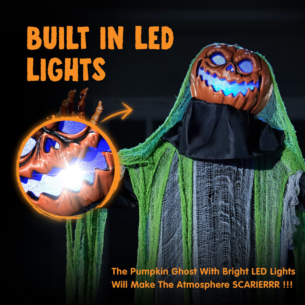 Joyfy Halloween Decorations Outdoor, 72"(6ft) Light Up Animated Scary Decorations Pumpkin Ghost with Sound Activation,Animatronics Pumpkin Decorations for Haunted House Prop Yard Decor
