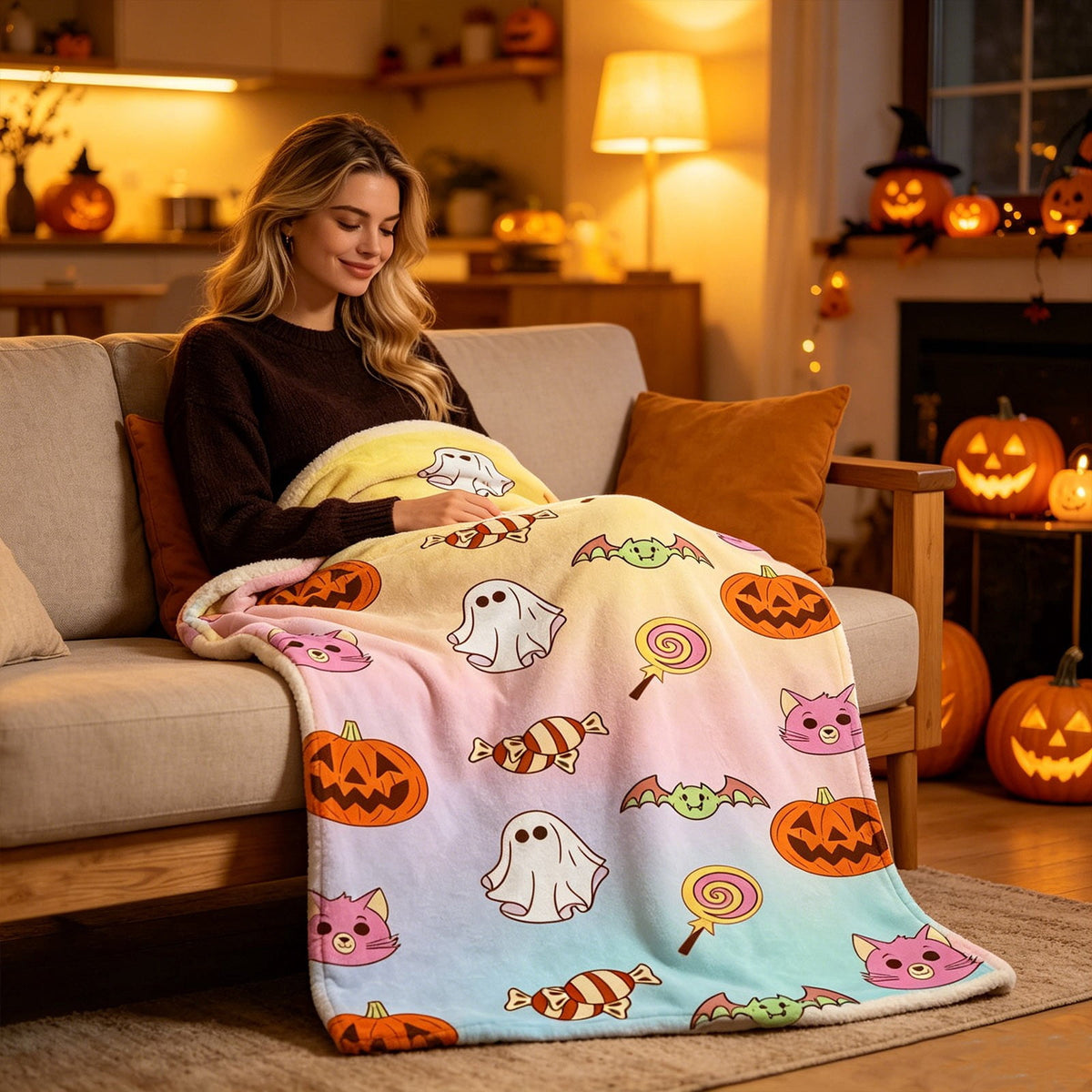 Halloween blanket,Halloween Print Throw Blanket Flannel Soft Cozy Decorative Nap Blanket with Ghost Pumpkin Skull for Office Bedroom Sofa Camping Travel(100x150cm/39x59 Inch),Black