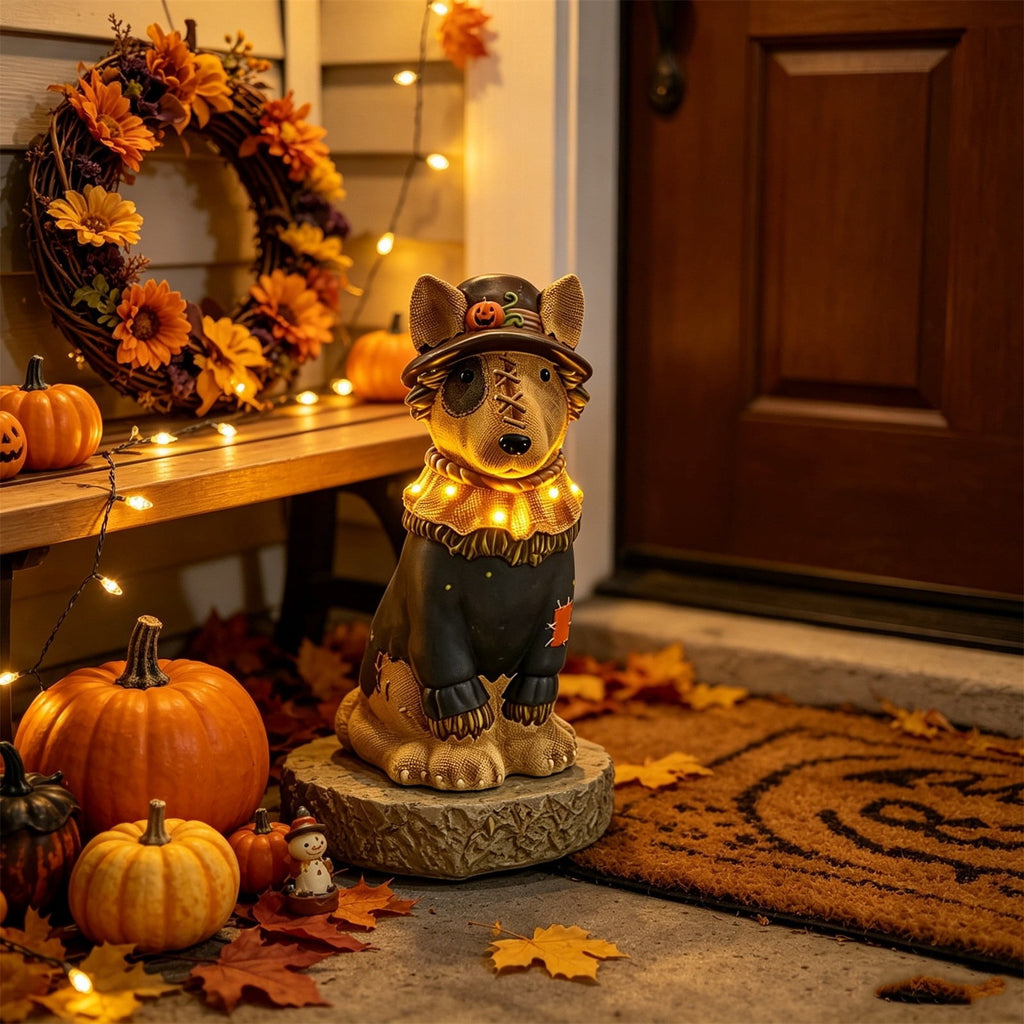 Clearance! Halloween Light‑Up Dog Figurine, 7.9in Scarecrow Dog Statue with Glowing Pumpkin, Waterproof Resin Table Yard Decor