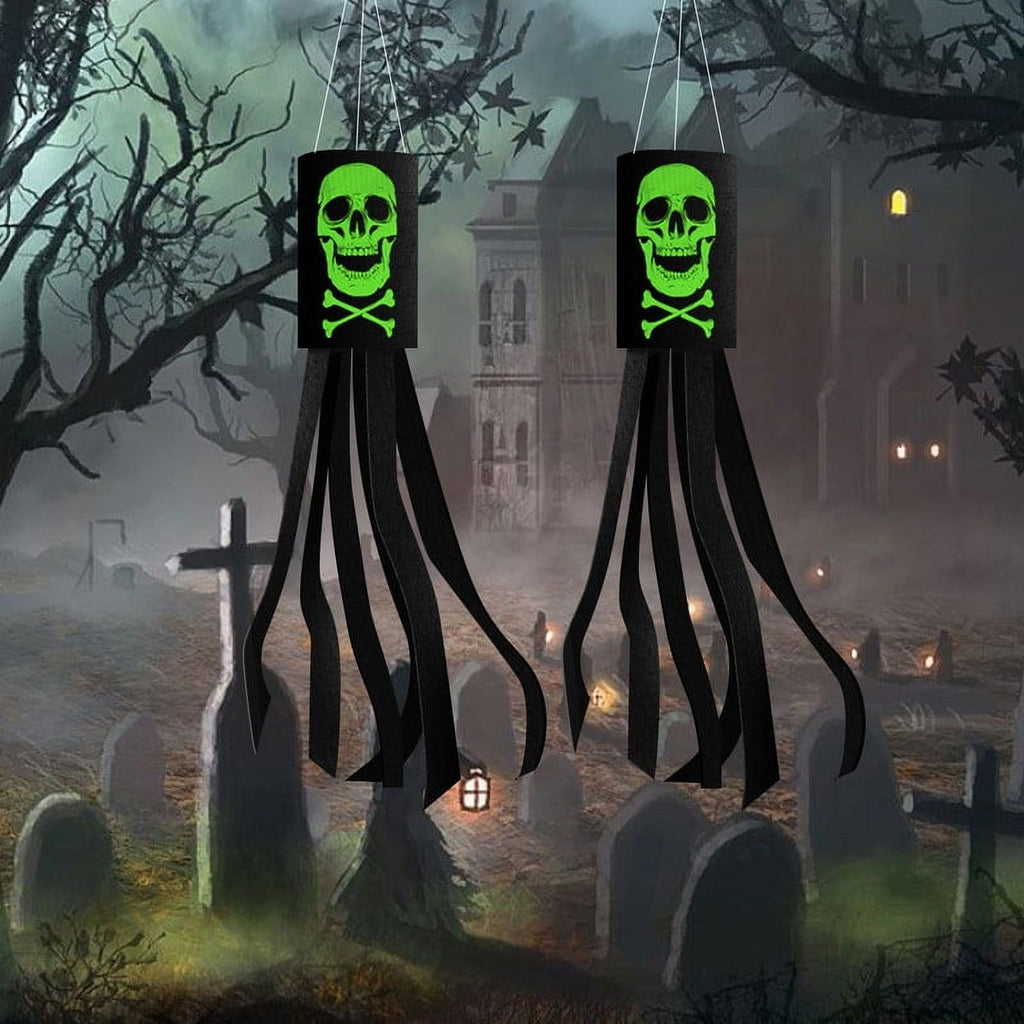 2 Pack 40 Inch Halloween Luminous Ghost Skull Windsock Flag, Glow in The Dark Skeleton Windsocks Flag, Outdoor Hanging Decor for Yard Patio Garden Pathway Party Decoration