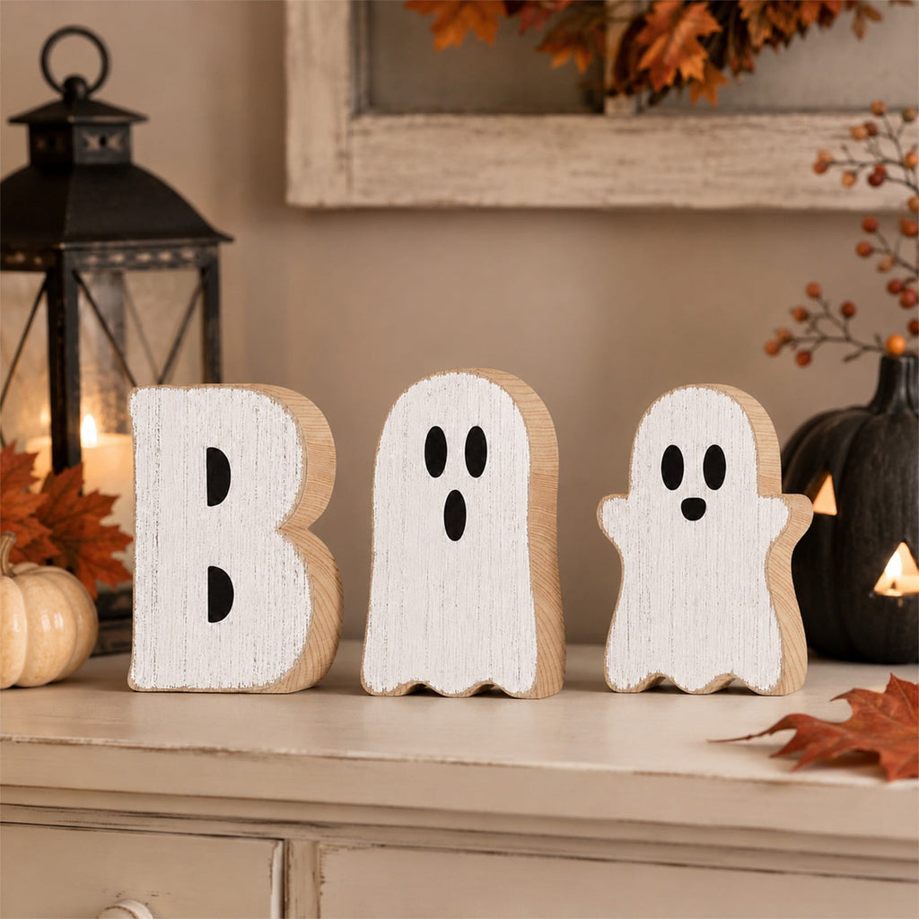 Miwamany 3 Pack Spooky Cute Ghost Wooden Figurine Set, Freestanding Lightweight Tabletop Ornament, Reusable Festival Decor for Home Kitchen Office Tiered Tray Halloween Centerpiece