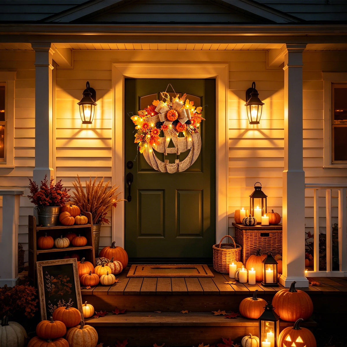 13.78 Inch Lighted Pumpkin Wreath with LED Lights, Fall Front Door Decor, Halloween Thanksgiving Autumn Wreath for Porch Farmhouse Home Decoration