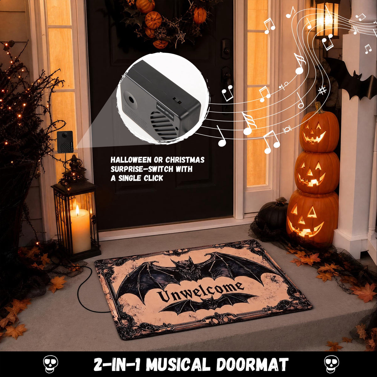 Halloween Christmas Musical Door Mat with Step Activated, Halloween Under-the-Doormat Holiday Foot Sensor Decor Props for Indoor Outdoor Welcome Mat