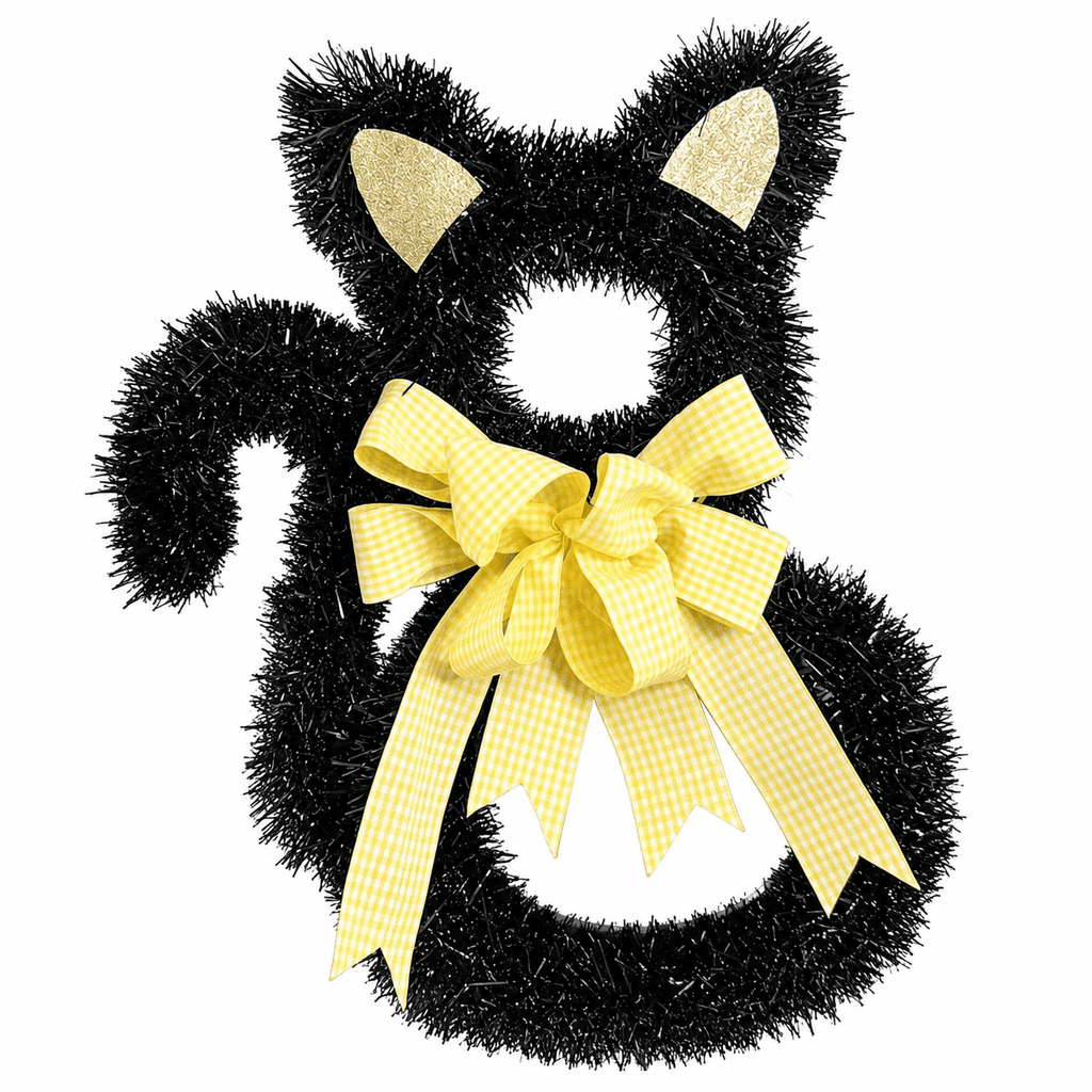 Halloween Black Cat Door Wreath, 15.75 Inch Kitty Shaped Hanging Decor with Yellow Checkered Bow, Fall Front Door Porch Wall Decoration