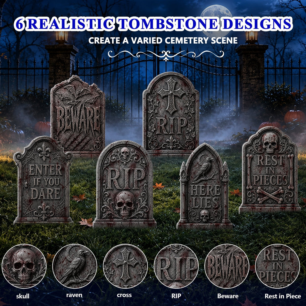 Yalumo Halloween Tombstones Decor, 6 Pack 17 Inch Plastic Halloween Gravestone Yard Signs with Stakes, Spooky Tombstones for Yard, Lawn, Porch & Outdoor Party Decor