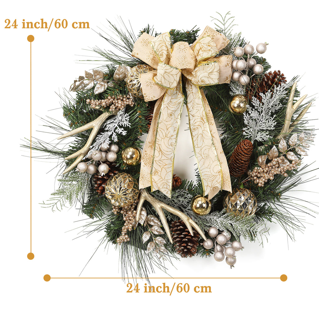 JoanKaren 24 inch Large Christmas Wreath Silver White with 20 LED Lights,Prelit Xmas Wreath w/ Ball Ornaments Pine Cone