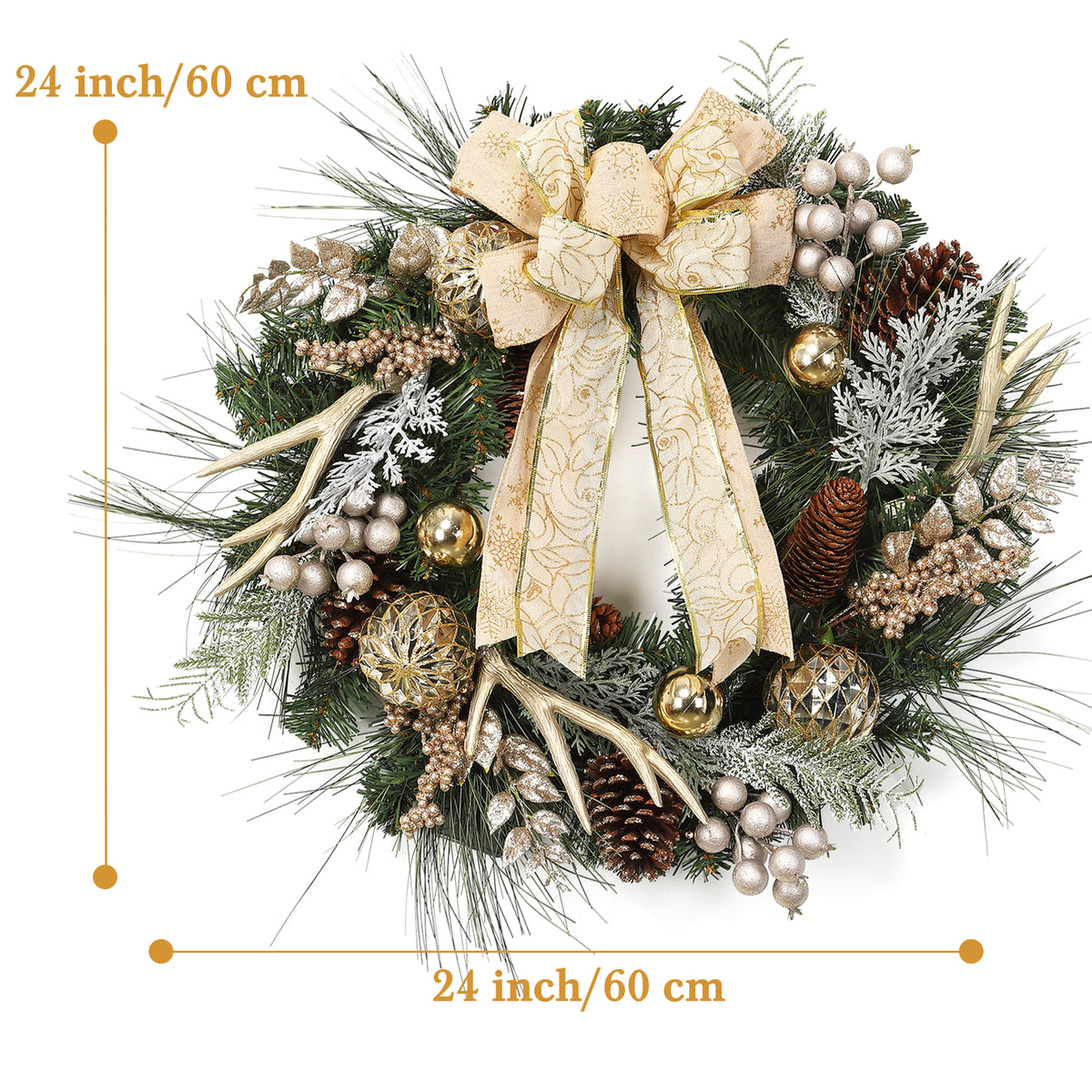 JoanKaren 24 inch Large Christmas Wreath Silver White with 20 LED Lights,Prelit Xmas Wreath w/ Ball Ornaments Pine Cone