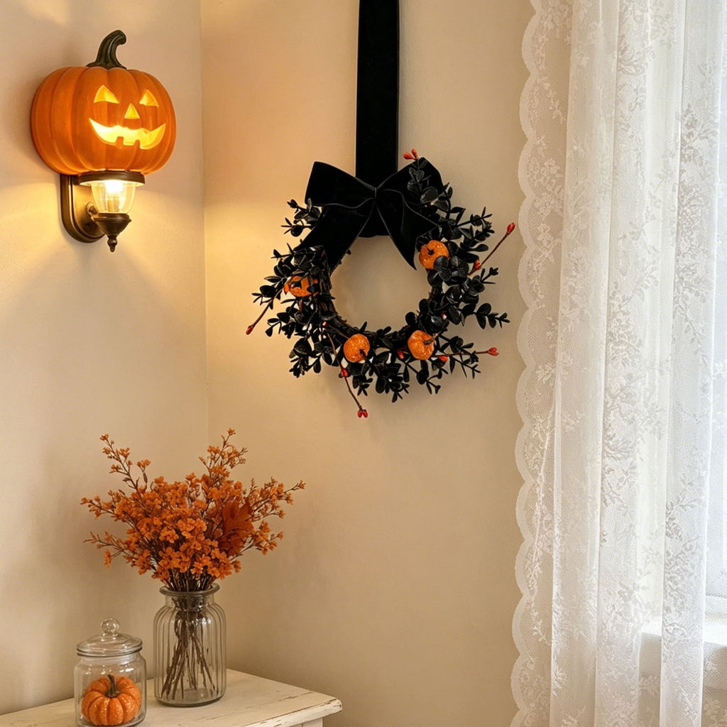 Halloween Wreath,Small Pumpkin Bow Wreaths for Front Door Kitchen Cabinet,Hanging Black Wreath for Autumn Holiday Halloween Decorations