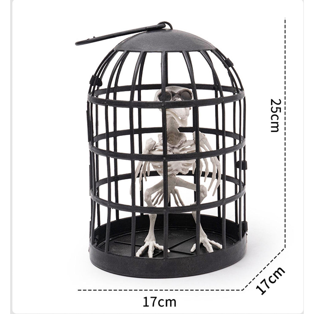Clearance! Hanging Bird Skeleton Decoration,Scary Realistic Animal Crow Skeleton In The Cage,Scary Posable Movable Joints Raven Skeletons In Cage Prisoner For Halloween Haunted Houses Party Outdoor