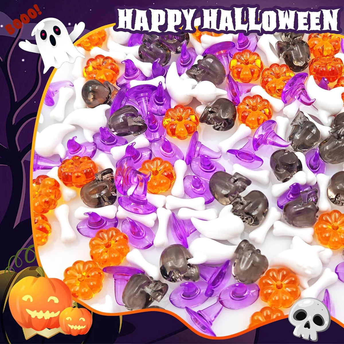 SINKOO Halloween Decor Vase Fillers, Mini Acrylic Skeleton Ghost Skull Witch Hats Pumpkin for Halloween DIY Crafts Home Table Scatters, About 110 pcs