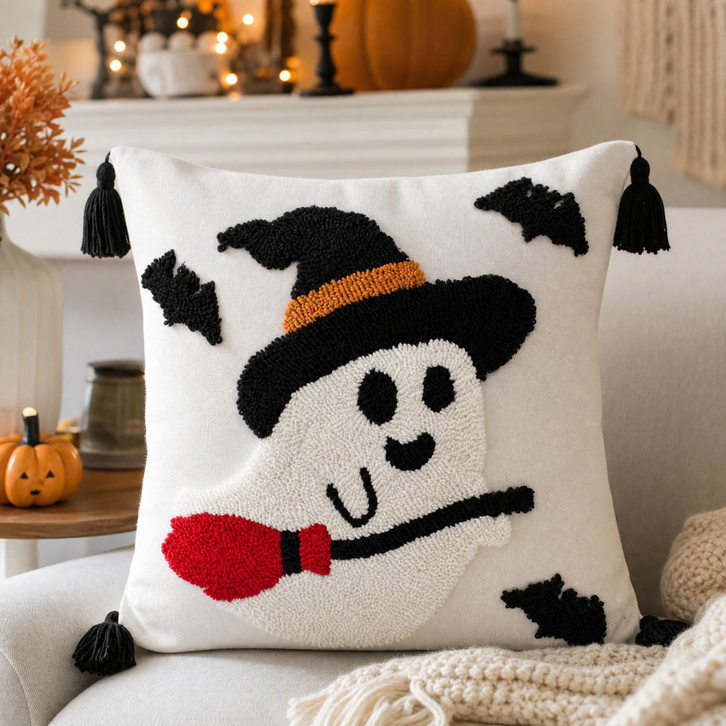 Cute Reading Ghost Plush Throw Pillow, Halloween Book & Pumpkin Bucket Ghost Stuffed Cushion, Spooky Season Decorative Pillow, for Sofa, Bedroom, Party Decor