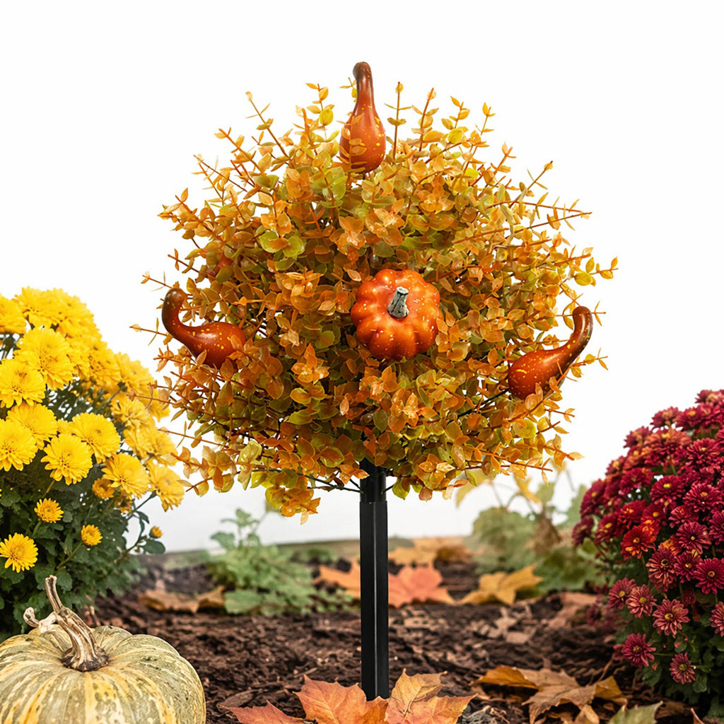 Fall Harvest Pumpkin Eucalyptus Stake, 22 Inch Artificial Halloween Outdoor Decoration, Plastic Floral Arrangement for Garden Pathway Yard