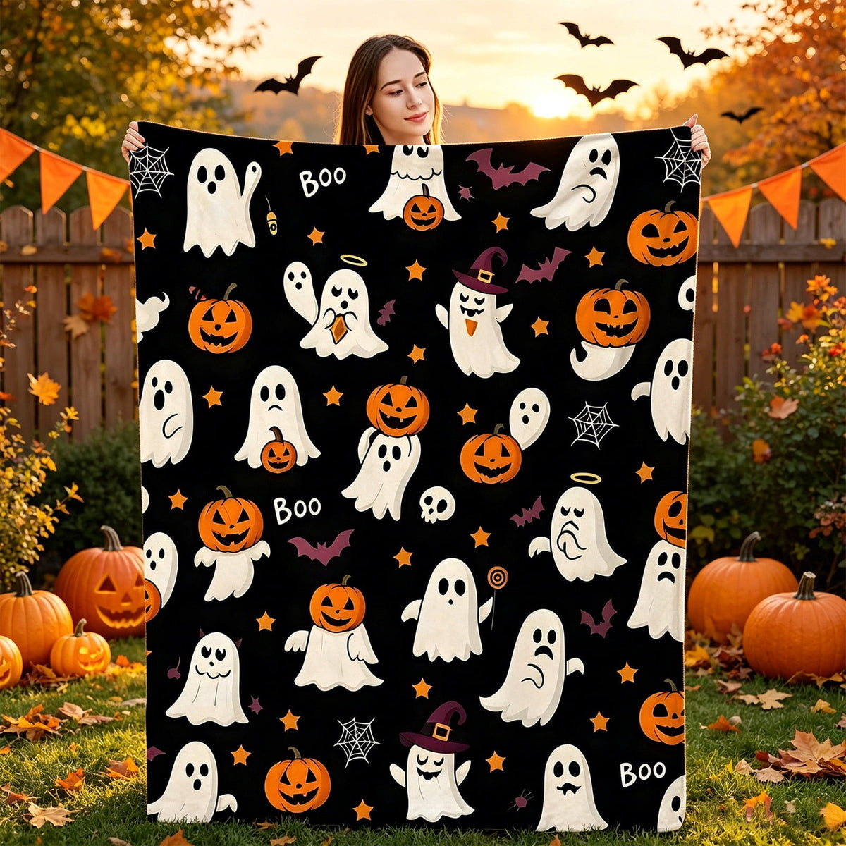 Halloween blanket,Halloween Print Throw Blanket Flannel Soft Cozy Decorative Nap Blanket with Ghost Pumpkin Skull for Office Bedroom Sofa Camping Travel(100x150cm/39x59 Inch),Black